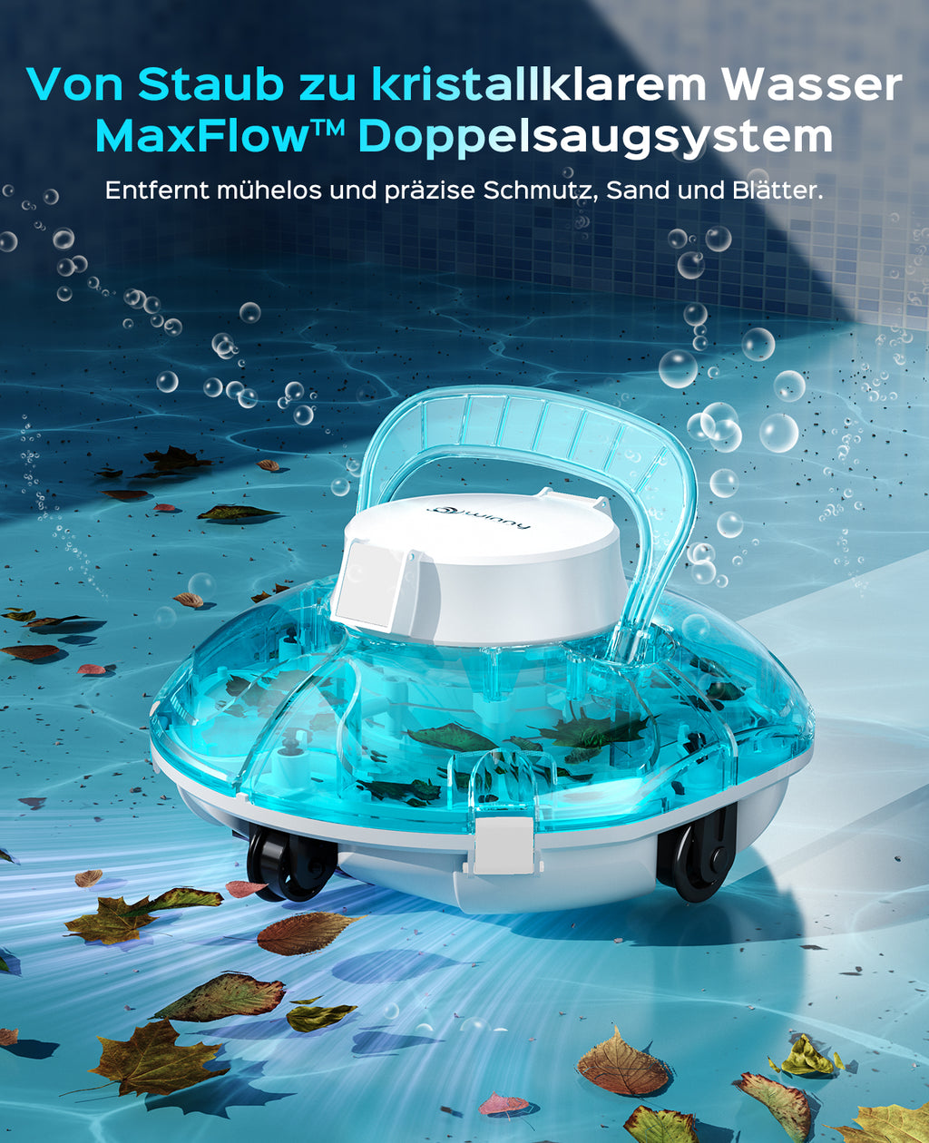 WINNY POOL CLEANER Winny 200P Poolroboter, Poolsauger kabellos mit Akku, 80 Min. Laufzeit, für Aufstellpools bis 60 m², Doppelfiltration, Automatisches Parken, Kompakt Leicht (Transparentes Blau-Weiß)