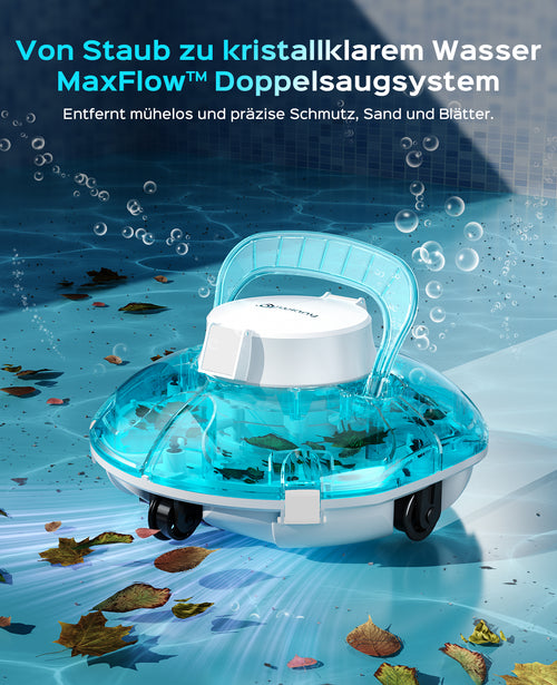 WINNY POOL CLEANER Winny 200 Poolroboter, Poolsauger kabellos mit Akku, 80 Min. Laufzeit, für Aufstellpools bis 60 m², Doppelfiltration, Automatisches Parken, Kompakt Leicht (Marine-Weiß)