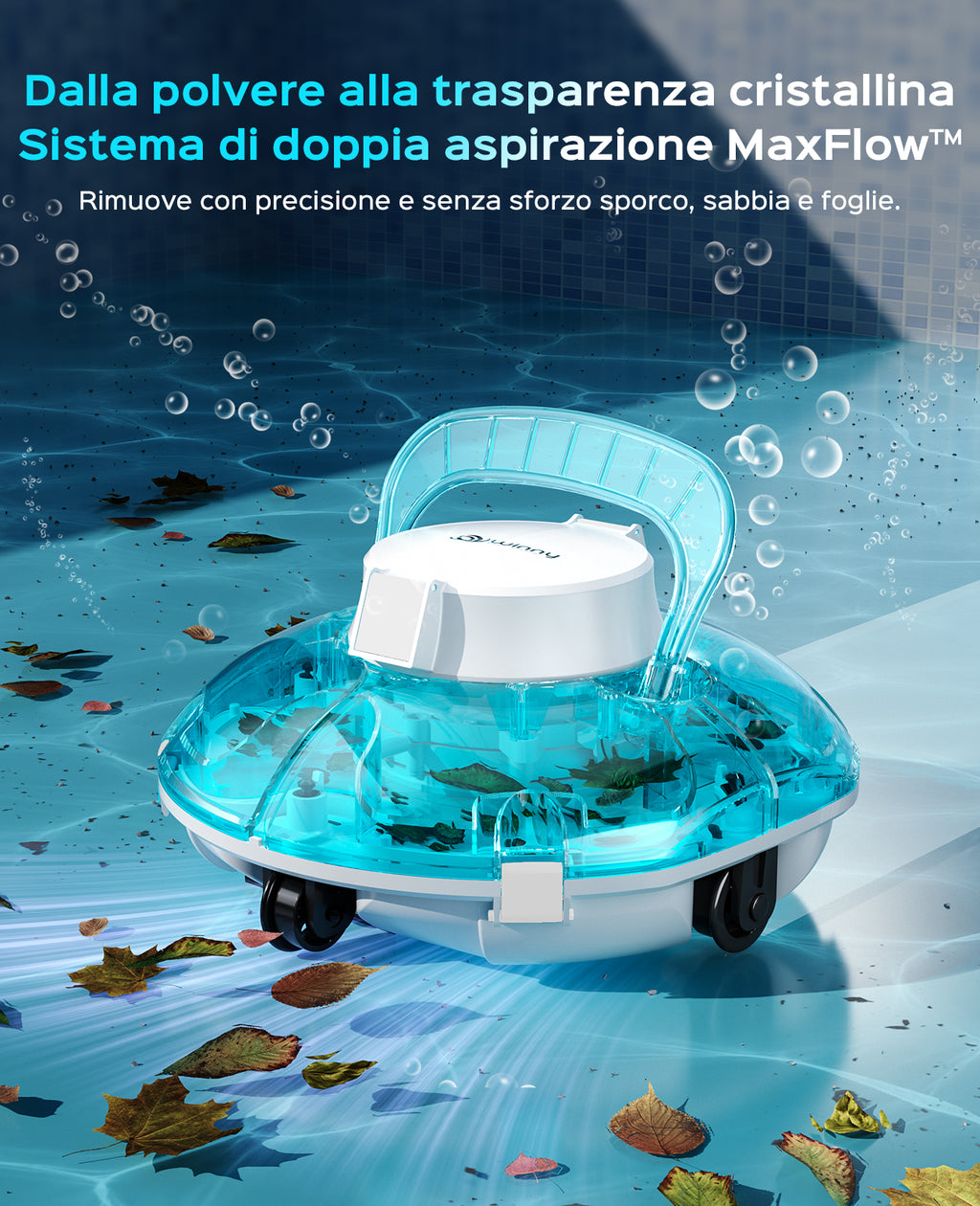 WINNY POOL CLEANER Winny 200P Robot Piscina, Piscina Senza Fili con Batteria, Autonomia 80 Min per Piscine Fuori Terra 60 m², Doppia Filtrazione, Parcheggio Automatico (Trasparente Blu-Bianco)