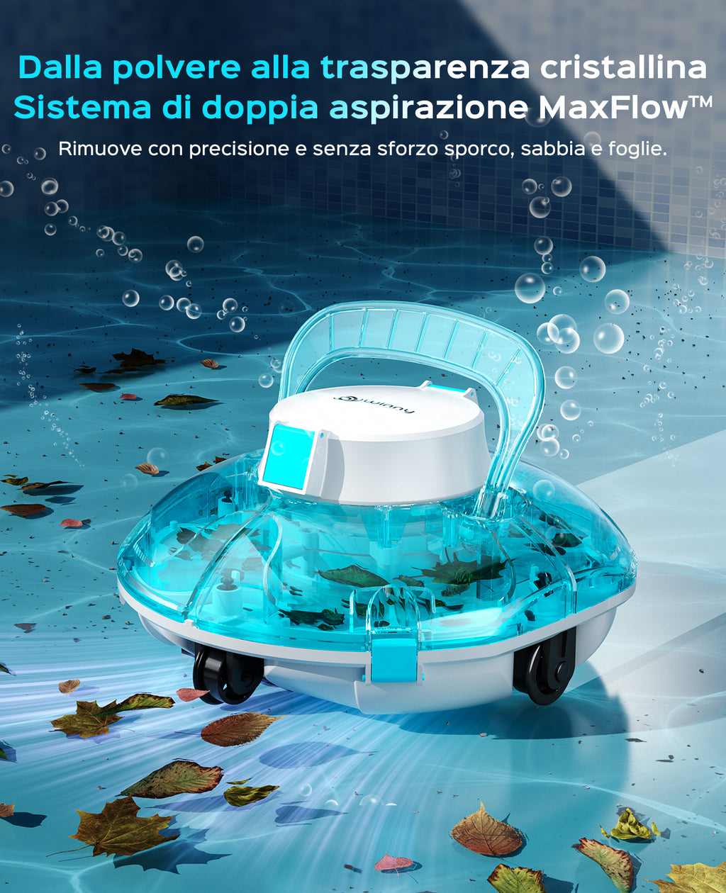 WINNY POOL CLEANER Winny 200 Robot Piscina, Piscina Senza Fili con Batteria, Autonomia 75 Min per Piscine Fuori Terra 60 m², Doppia Filtrazione, Parcheggio Automatico (Trasparente Blu)