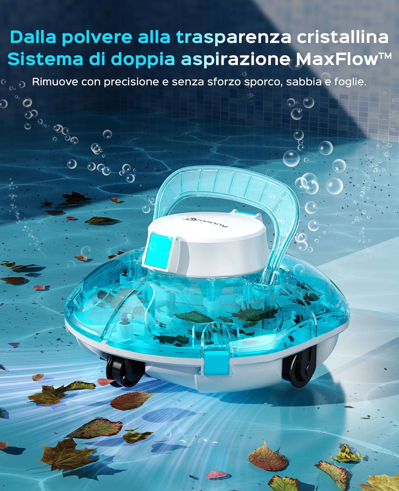 WINNY POOL CLEANER Winny 200 Robot Piscina, Piscina Senza Fili con Batteria, Autonomia 75 Min per Piscine Fuori Terra 60 m², Doppia Filtrazione, Parcheggio Automatico (Trasparente Blu)