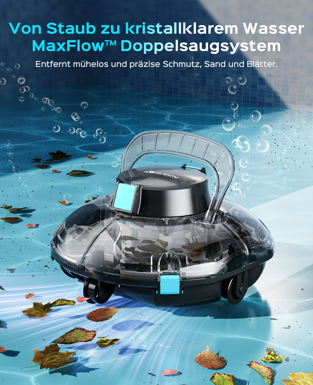 WINNY POOL CLEANER Winny 200P Poolroboter, Poolsauger kabellos mit Akku, 80 Min. Laufzeit, für Aufstellpools bis 60 m², Doppelfiltration, Automatisches Parken, Kompakt Leicht(Schwarz-Blau)