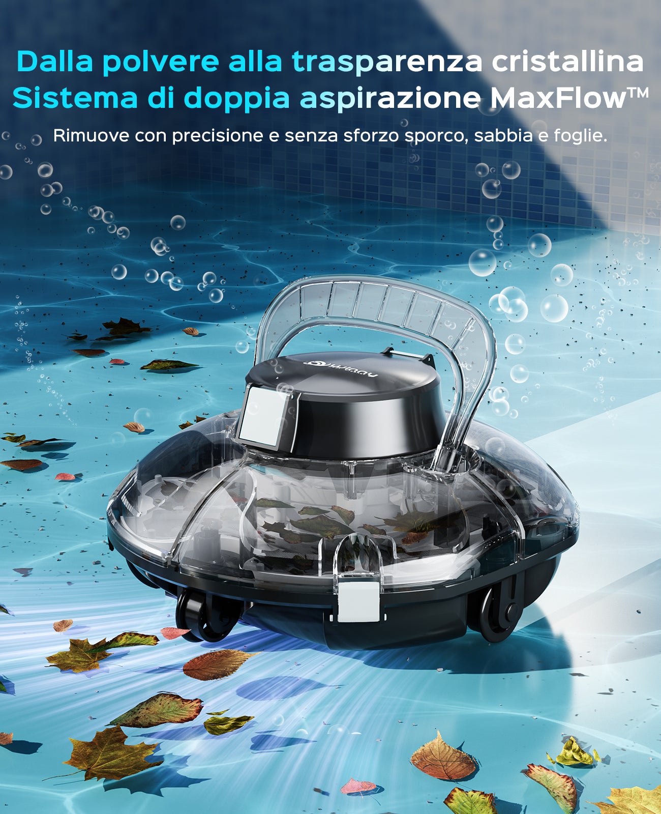 WINNY POOL CLEANER Winny 200 Robot Piscina, Piscina Senza Fili con Batteria, Autonomia 80 Min per Piscine Fuori Terra 60 m², Doppia Filtrazione, Parcheggio Automatico (Nero inchiostro-Bianco）