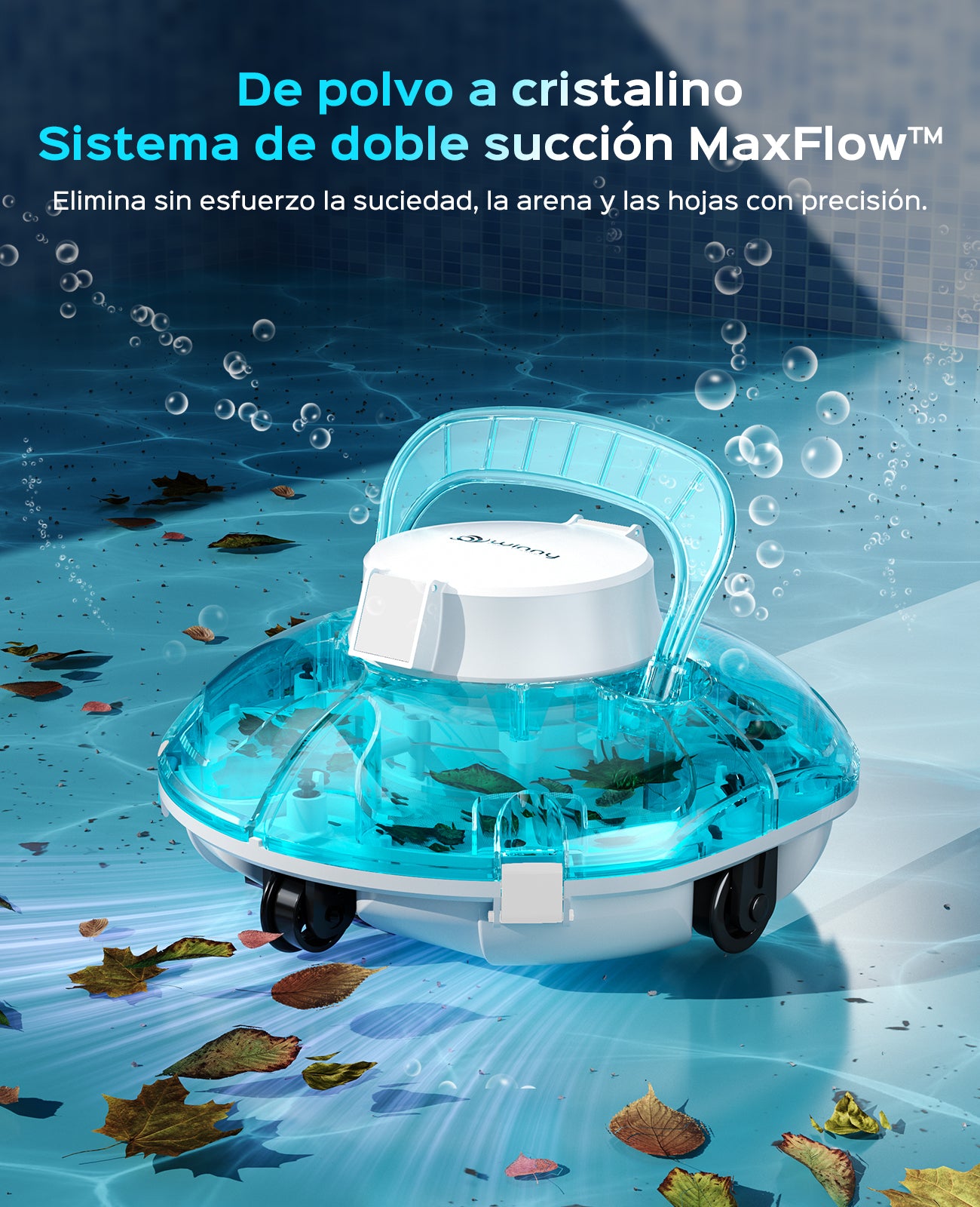 WINNY POOL CLEANER Winny 200P Limpiafondos Piscina, Inalámbrico Robot Limpiafondos Piscina, 80Min Autonomía, Piscinas Desmontables 60m², Doble Filtración,Estacionamiento Auto(Transparente Azul-Blanco)