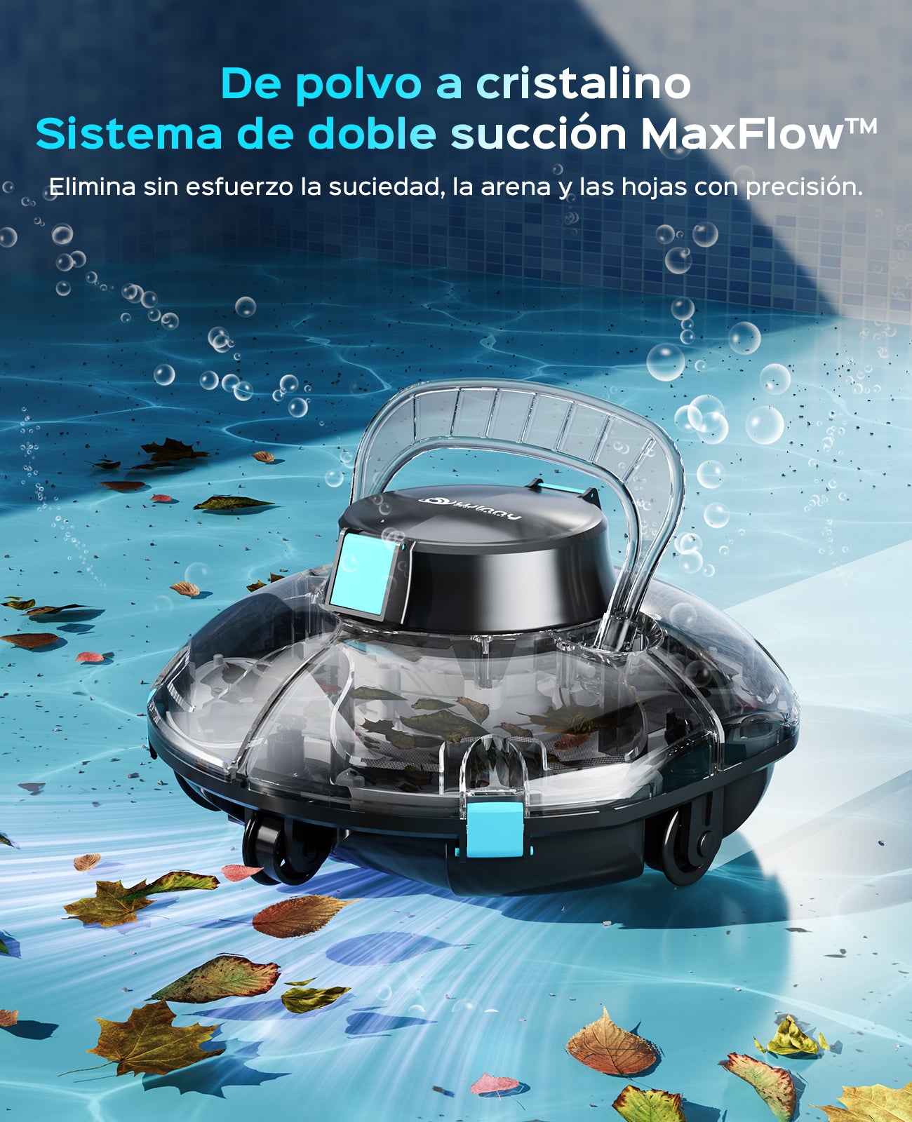 WINNY POOL CLEANER Winny 200 Limpiafondos Piscina, Inalámbrico Robot Limpiafondos Piscina, 75Min Autonomía, Piscinas Desmontables 60m², Doble Filtración,Estacionamiento Auto(Transparente Negro-Azul)
