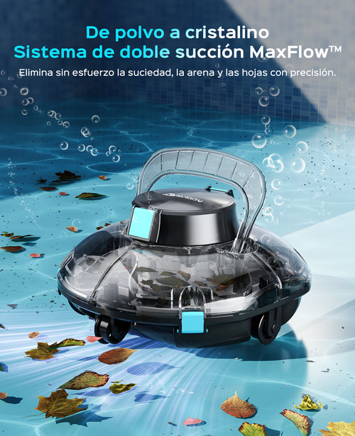 WINNY POOL CLEANER Winny 200 Limpiafondos Piscina, Inalámbrico Robot Limpiafondos Piscina, 75Min Autonomía, Piscinas Desmontables 60m², Doble Filtración,Estacionamiento Auto(Transparente Negro-Azul)