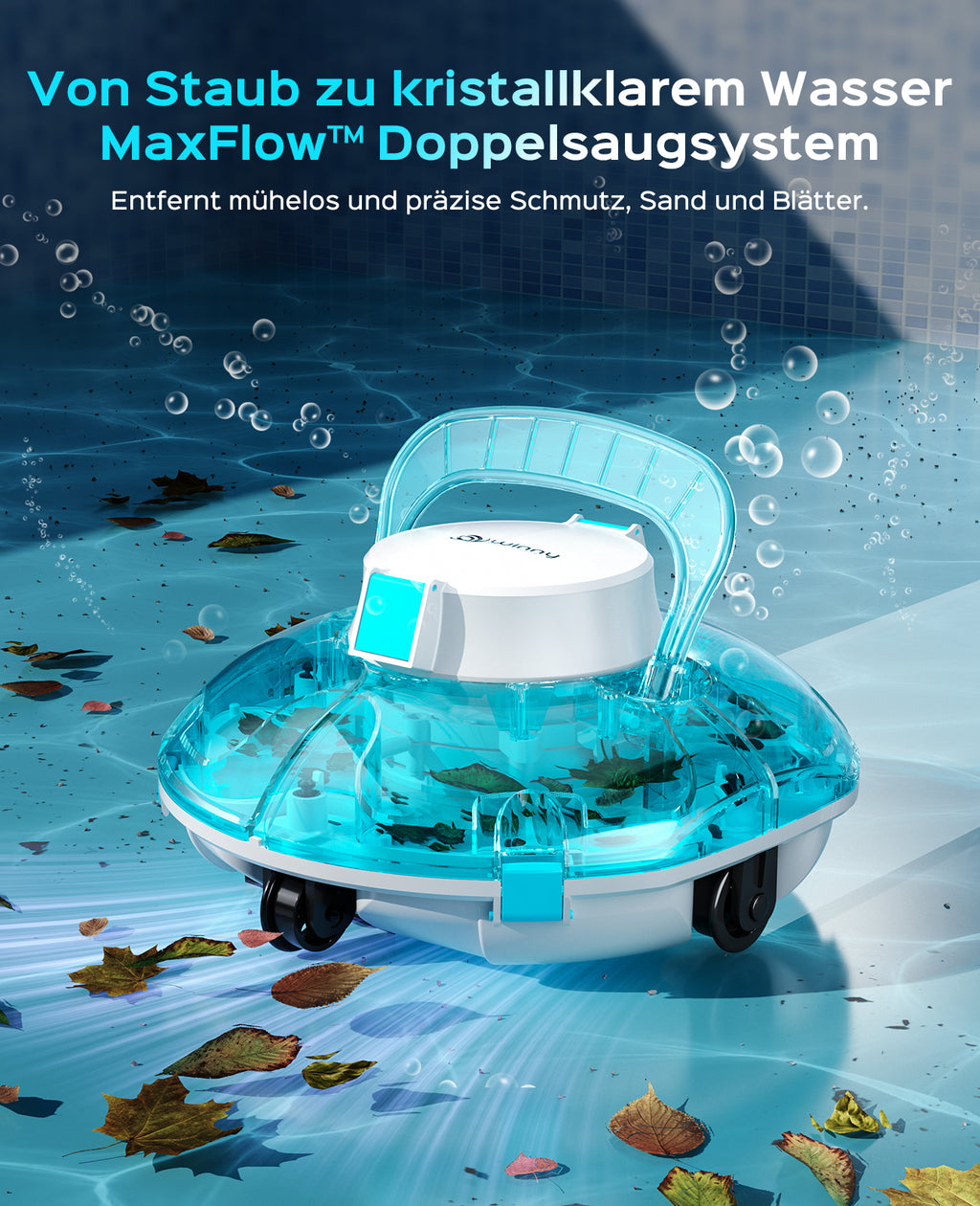 WINNY POOL CLEANER Winny 200 Poolroboter, Poolsauger kabellos mit Akku, 75 Min. Laufzeit, für Aufstellpools bis 60 m², Doppelfiltration, Automatisches Parken, Kompakt Leicht (Transparentes Blau)