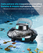 WINNY POOL CLEANER Winny 200 Robot Piscina, Piscina Senza Fili con Batteria, Autonomia 75 Min per Piscine Fuori Terra 60 m², Doppia Filtrazione, Parcheggio Automatico (Trasparente Nero-Blu)