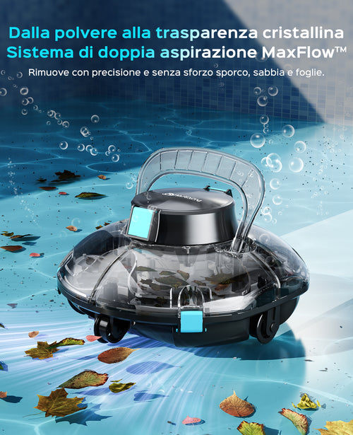 WINNY POOL CLEANER Winny 200 Robot Piscina, Piscina Senza Fili con Batteria, Autonomia 75 Min per Piscine Fuori Terra 60 m², Doppia Filtrazione, Parcheggio Automatico (Trasparente Nero-Blu)