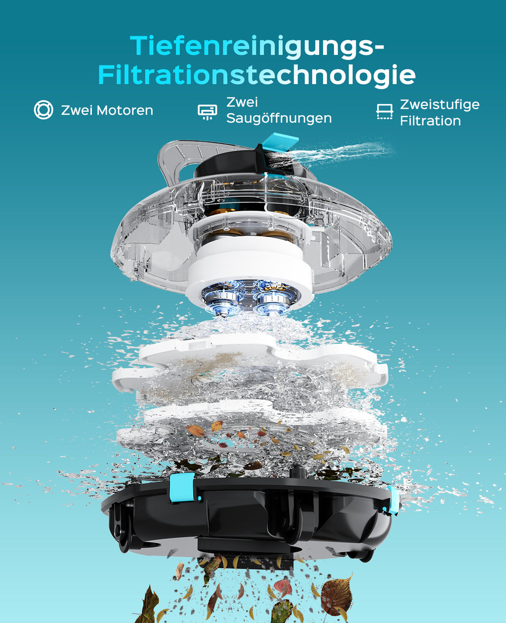 WINNY POOL CLEANER Winny 200 Poolroboter, Poolsauger kabellos mit Akku, 75 Min. Laufzeit, für Aufstellpools bis 60 m², Doppelfiltration, Automatisches Parken, Kompakt Leicht (Transparentes Blau-Weiß)