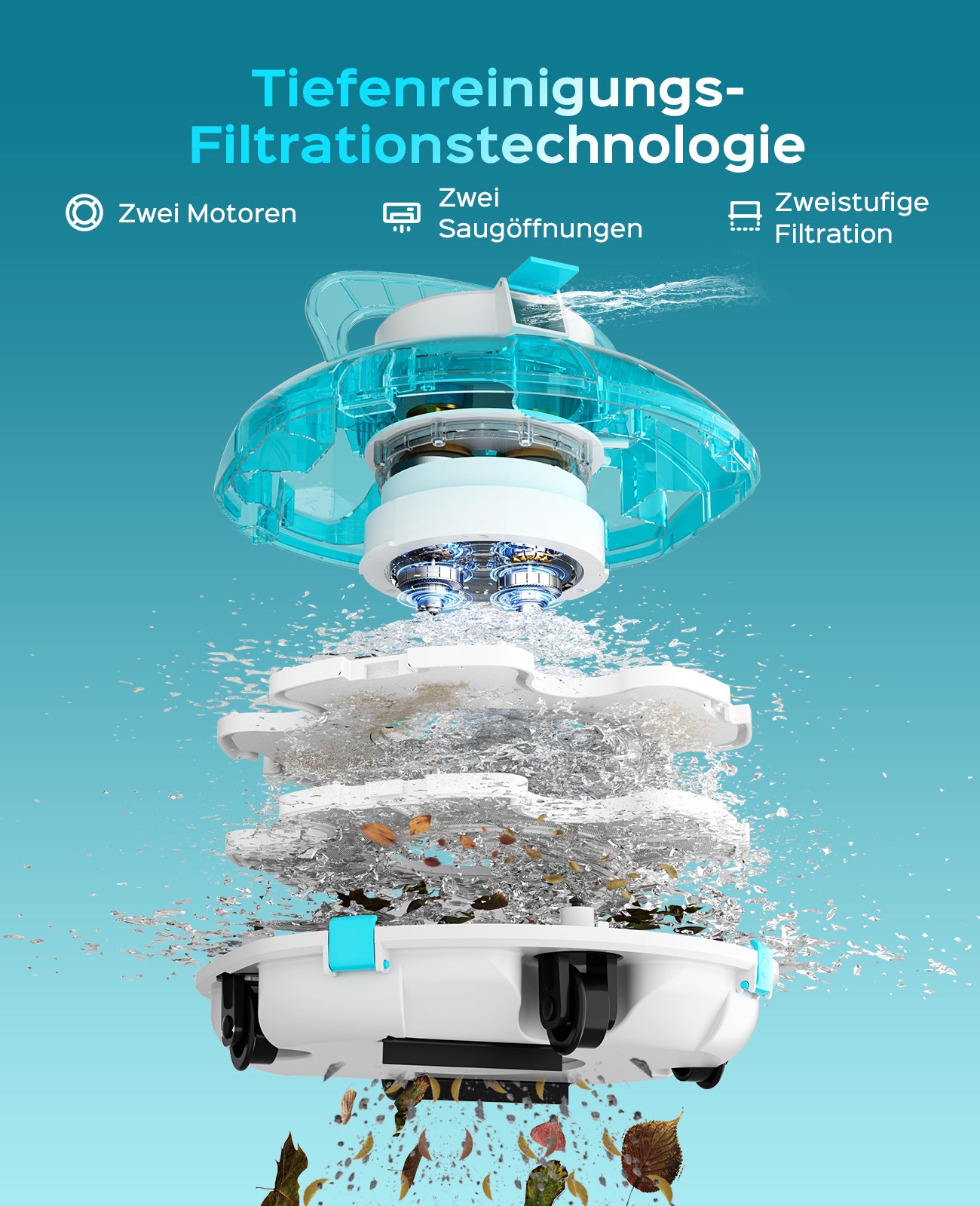 WINNY POOL CLEANER Winny 200 Poolroboter, Poolsauger kabellos mit Akku, 75 Min. Laufzeit, für Aufstellpools bis 60 m², Doppelfiltration, Automatisches Parken, Kompakt Leicht (Transparentes Blau)