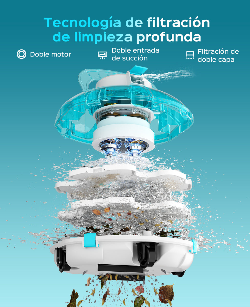 WINNY POOL CLEANER Winny 200 Limpiafondos Piscina, Inalámbrico Robot Limpiafondos Piscina, 75Min Autonomía, Piscinas Desmontables 60m², Doble Filtración,Estacionamiento Auto(Transparente Azul)