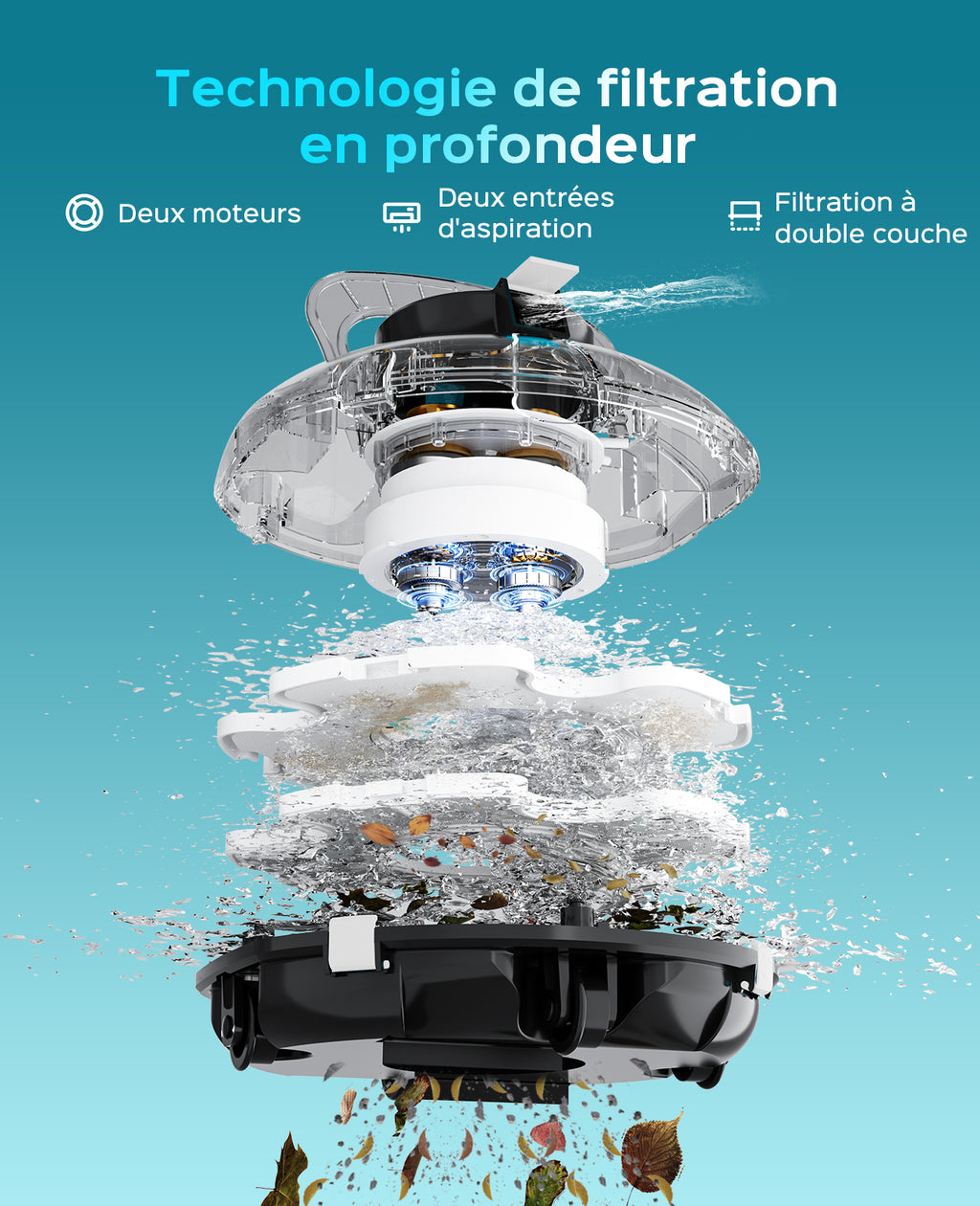 WINNY POOL CLEANER Winny 200 Robot Piscine, Aspirateur Piscine Sans Fil Avec Batterie, Autonomie 80 Min pour Piscines Hors-Sol 60m², Double Filtration,Stationnement Automatique(Noir encre-Blanc）