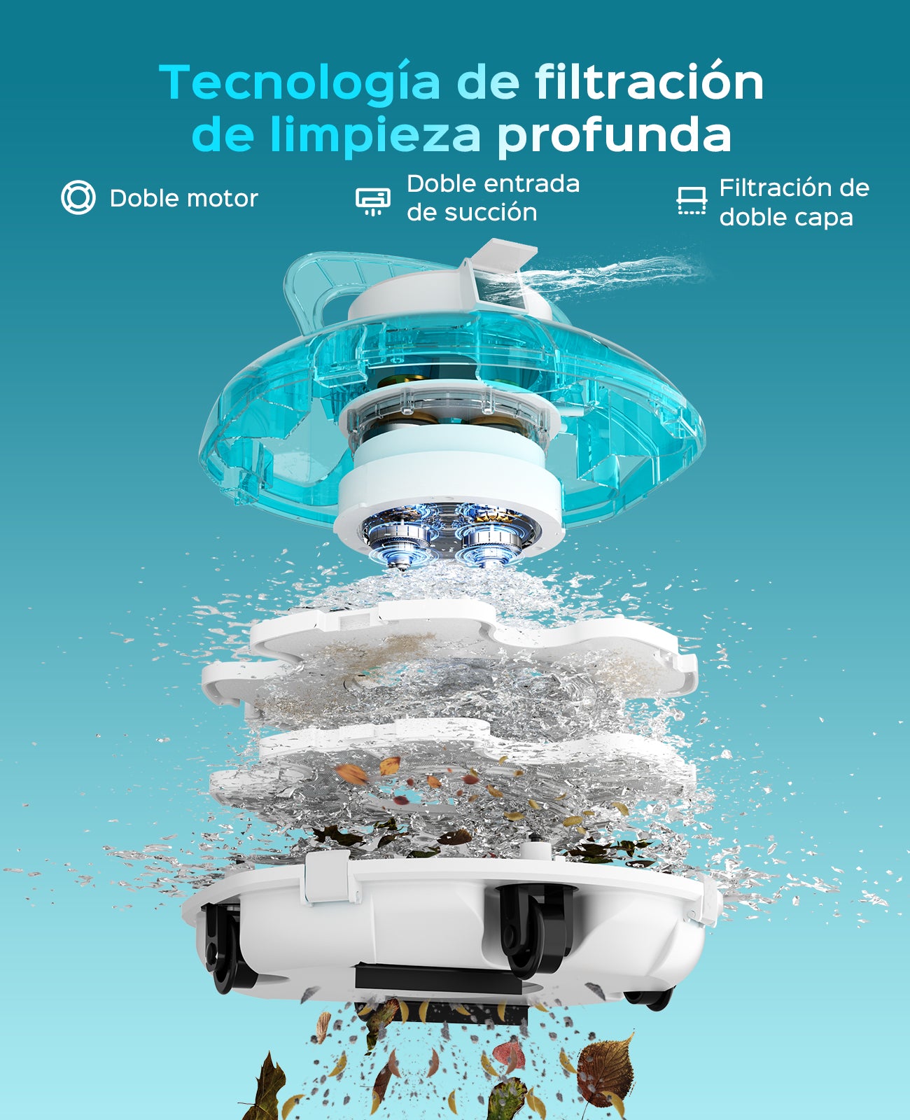 WINNY POOL CLEANER Winny 200P Limpiafondos Piscina, Inalámbrico Robot Limpiafondos Piscina, 80Min Autonomía, Piscinas Desmontables 60m², Doble Filtración,Estacionamiento Auto(Transparente Azul-Blanco)