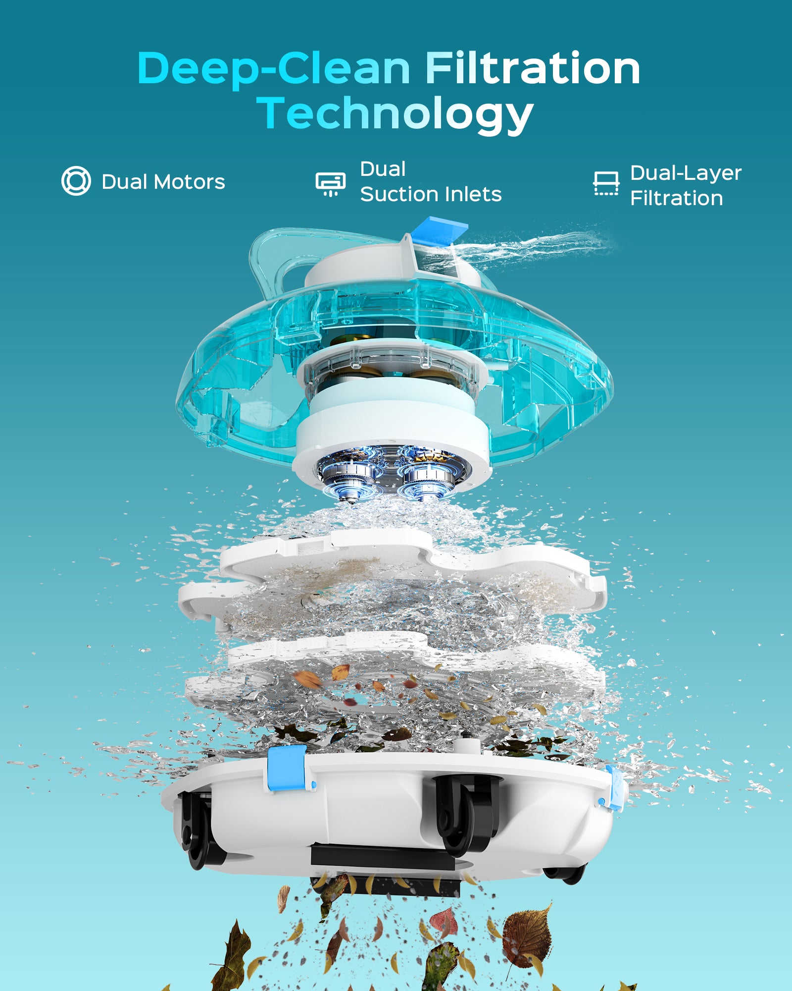 Cordless Robotic Pool Cleaner, Automatic Pool Vacuum for Above Ground with 80 Mins, Double Filters, Portable, Self-Parking, Ideal for Pools up to 650 sq.ft (Sky Blue)