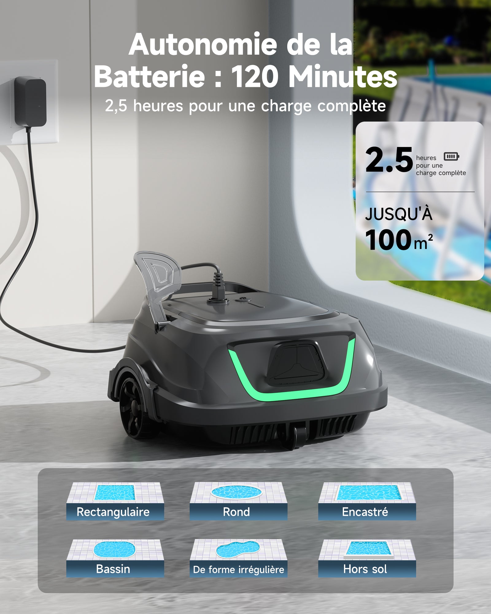 WYBOT A1max Robot Piscine sans Fil pour Piscines Hors-Sol, Aspirateur Automatique, Robot Piscine 130 Min Autonomie, Double Filtration, LED, Charge 2h, 4 Modes,Vert forêt