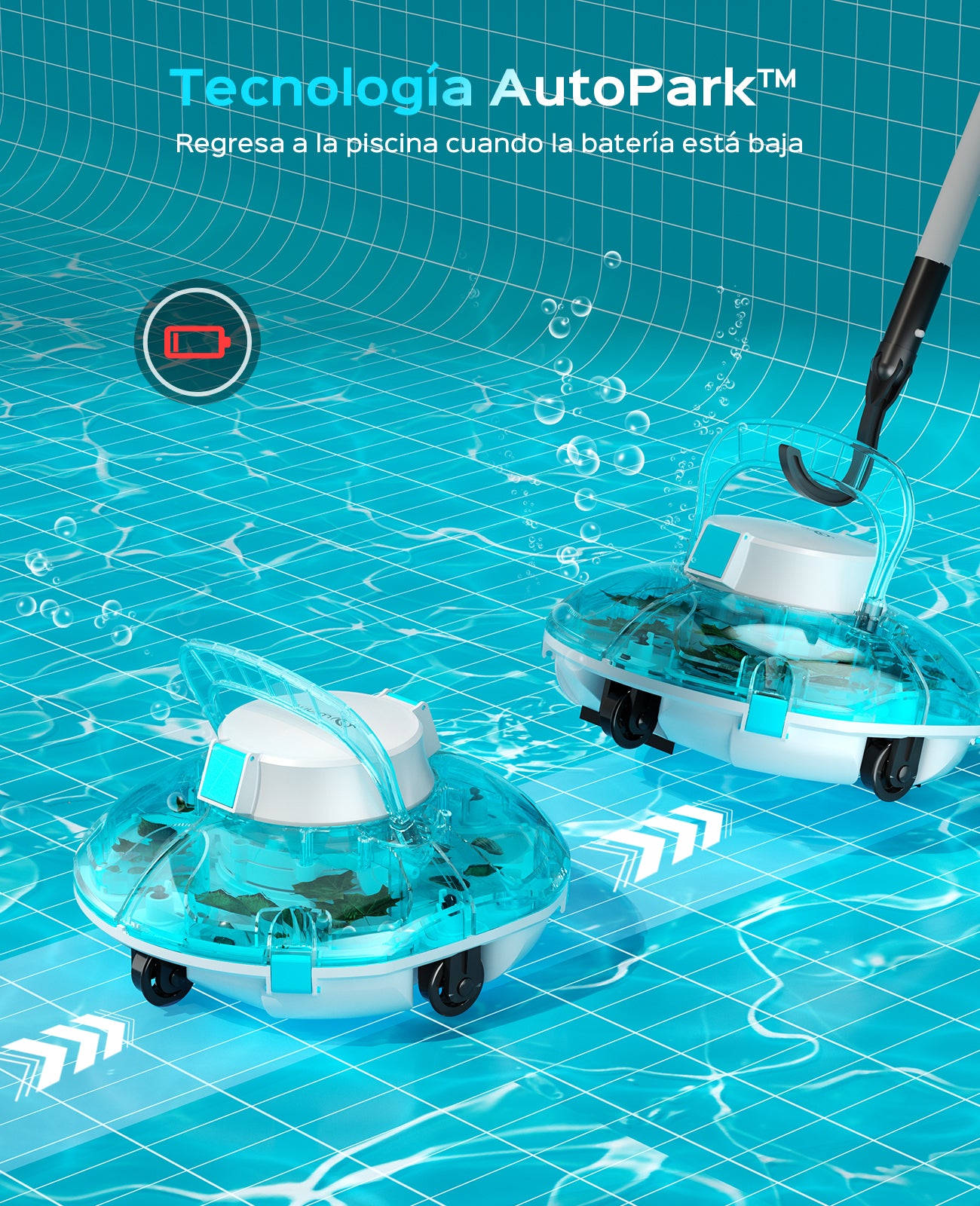 WINNY POOL CLEANER Winny 200 Limpiafondos Piscina, Inalámbrico Robot Limpiafondos Piscina, 75Min Autonomía, Piscinas Desmontables 60m², Doble Filtración,Estacionamiento Auto(Transparente Azul)