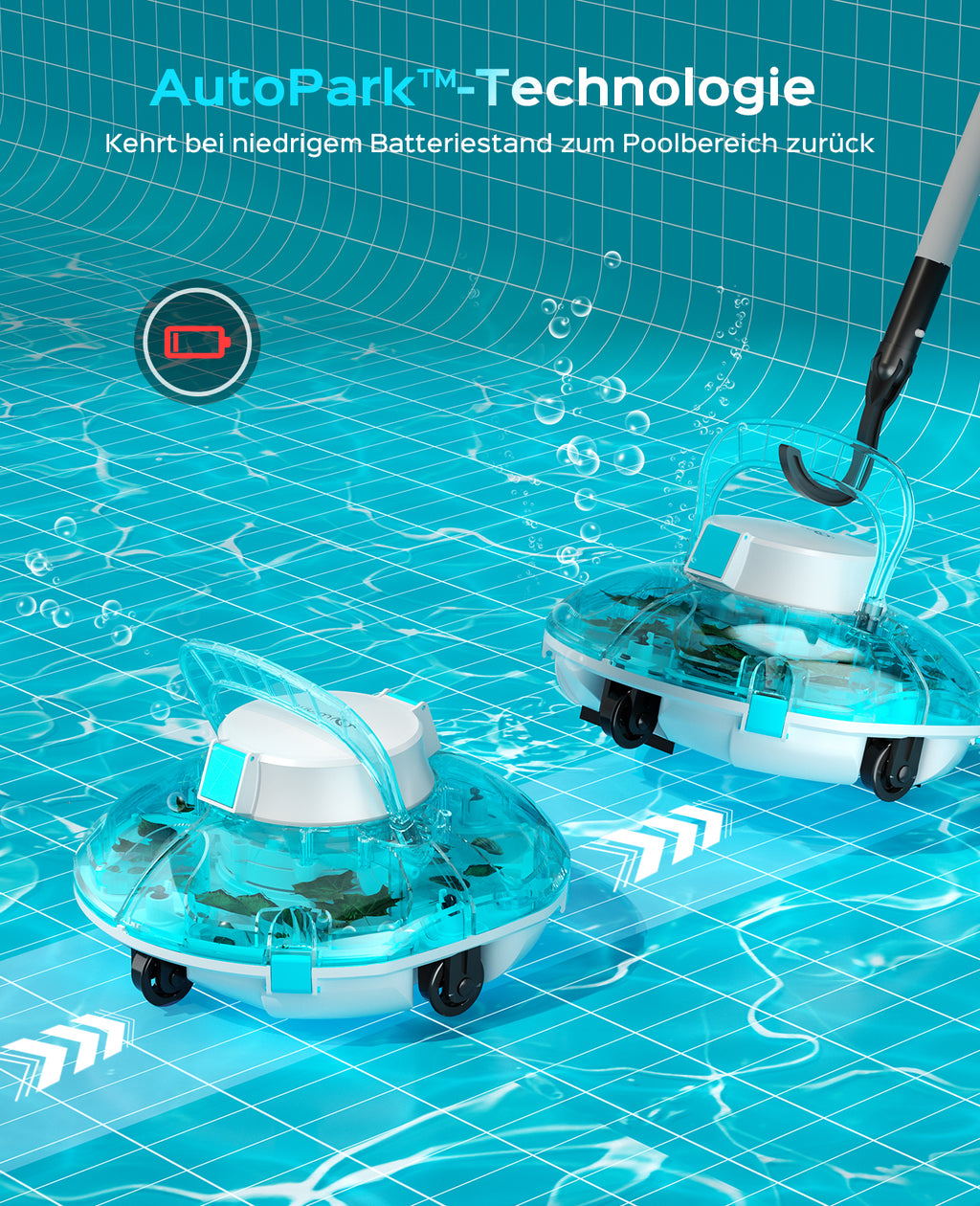 WINNY POOL CLEANER Winny 200 Poolroboter, Poolsauger kabellos mit Akku, 75 Min. Laufzeit, für Aufstellpools bis 60 m², Doppelfiltration, Automatisches Parken, Kompakt Leicht (Transparentes Blau)