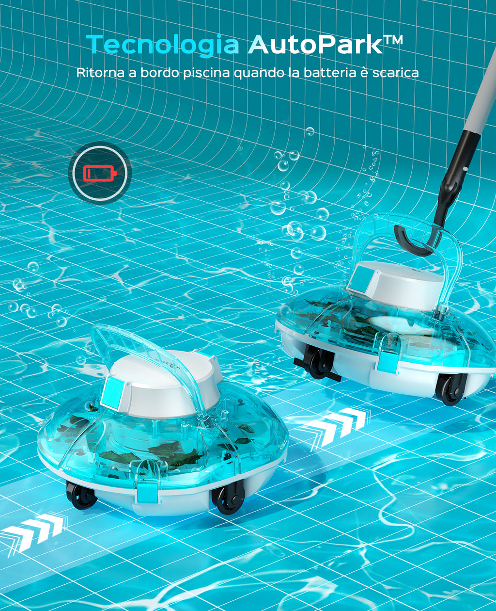 WINNY POOL CLEANER Winny 200 Robot Piscina, Piscina Senza Fili con Batteria, Autonomia 75 Min per Piscine Fuori Terra 60 m², Doppia Filtrazione, Parcheggio Automatico (Trasparente Blu)
