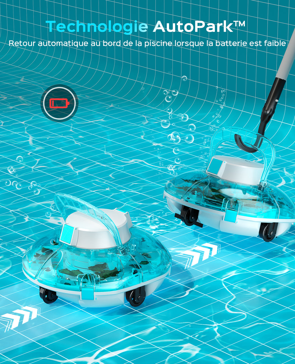 WINNY POOL CLEANER Winny 200 Robot Piscine, Aspirateur Piscine Sans Fil Avec Batterie, Autonomie 75 Min pour Piscines Hors-Sol 60m², Double Filtration,Stationnement Automatique(Transparent Bleu)