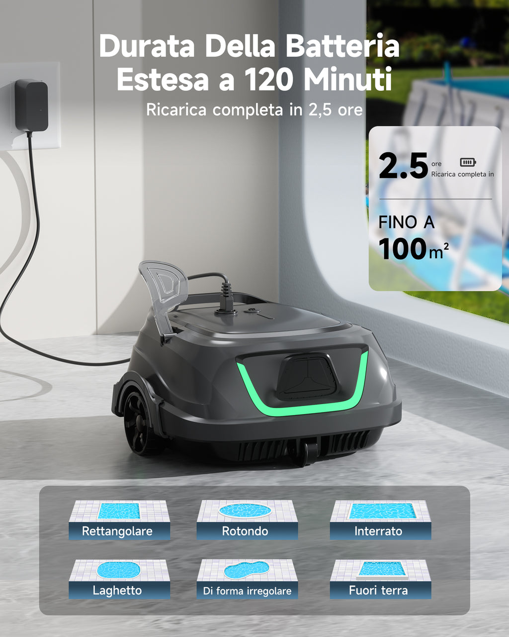 WYBOT A1max Robot Piscina Inalámbrico, Autonomía 130 Min, Doble Tamiz, Limpia Piscinas Sobre Suelo Planas Hasta 110 M², Limpiafondos Piscina Automático,Verde Bosco