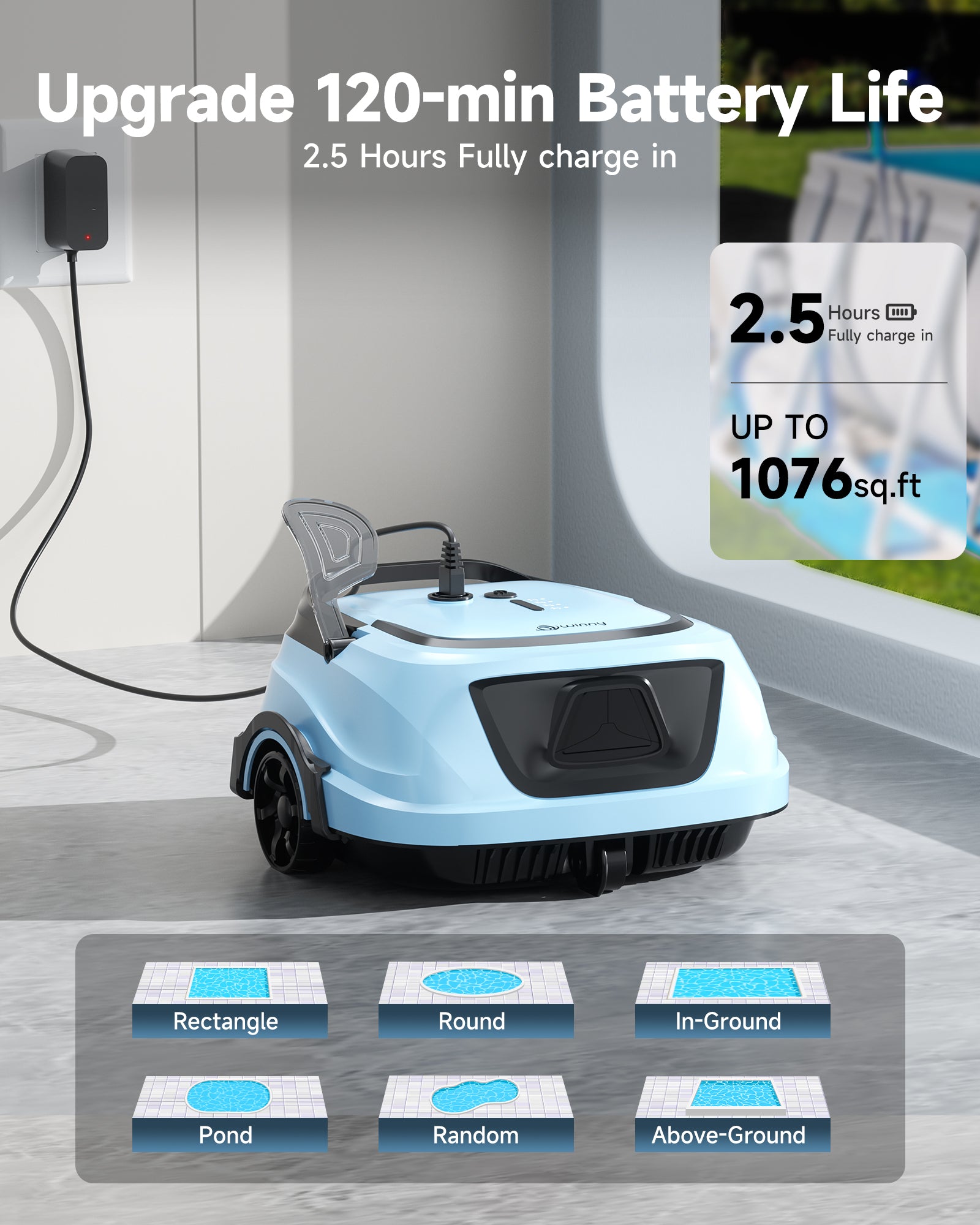 2026 Cordless Robotic Pool Vacuum for Above Ground Pools, Automatic Pool Cleaner Featuring Powerful Suction, LED Status Light & Dual‑Layer Filters, 2.5‑Hour Rapid Charging, Self‑Parking，BLUE