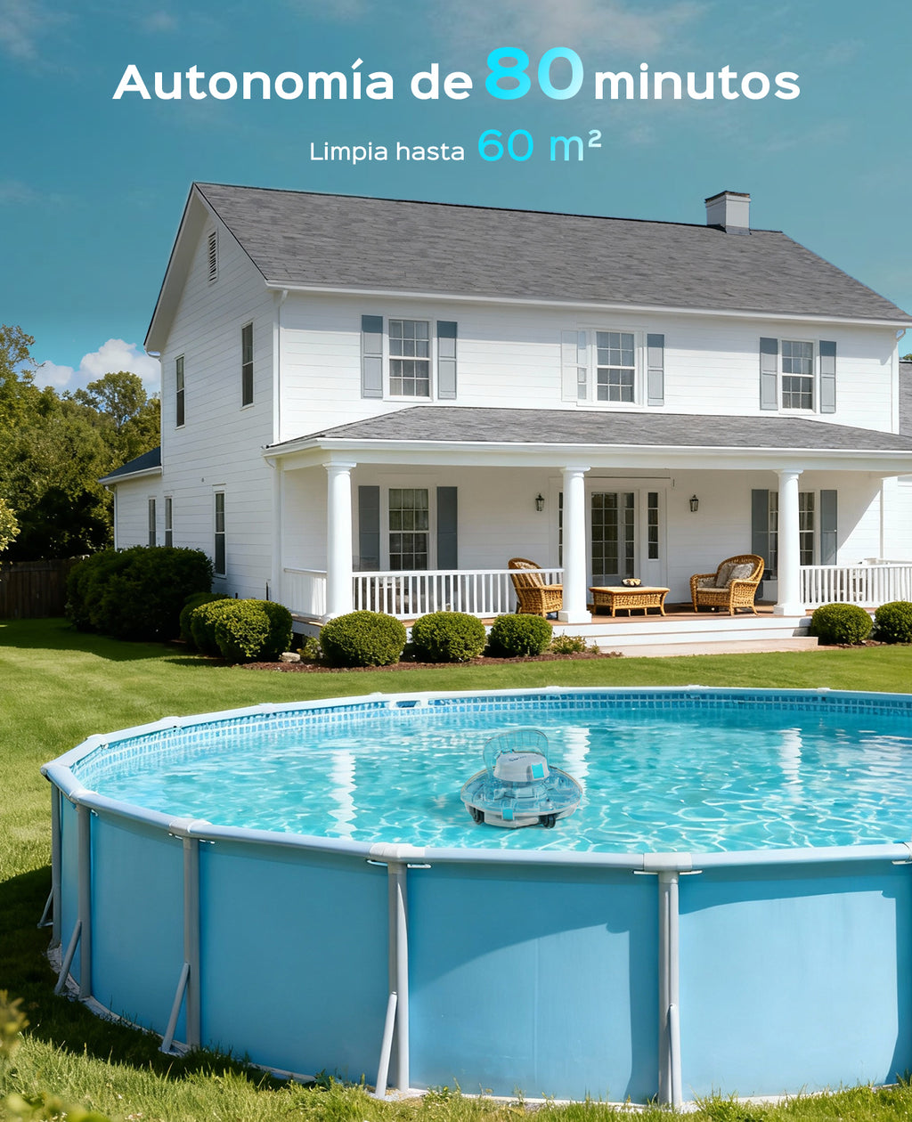 WINNY POOL CLEANER Winny 200 Limpiafondos Piscina, Inalámbrico Robot Limpiafondos Piscina, 75Min Autonomía, Piscinas Desmontables 60m², Doble Filtración,Estacionamiento Auto(Transparente Azul)