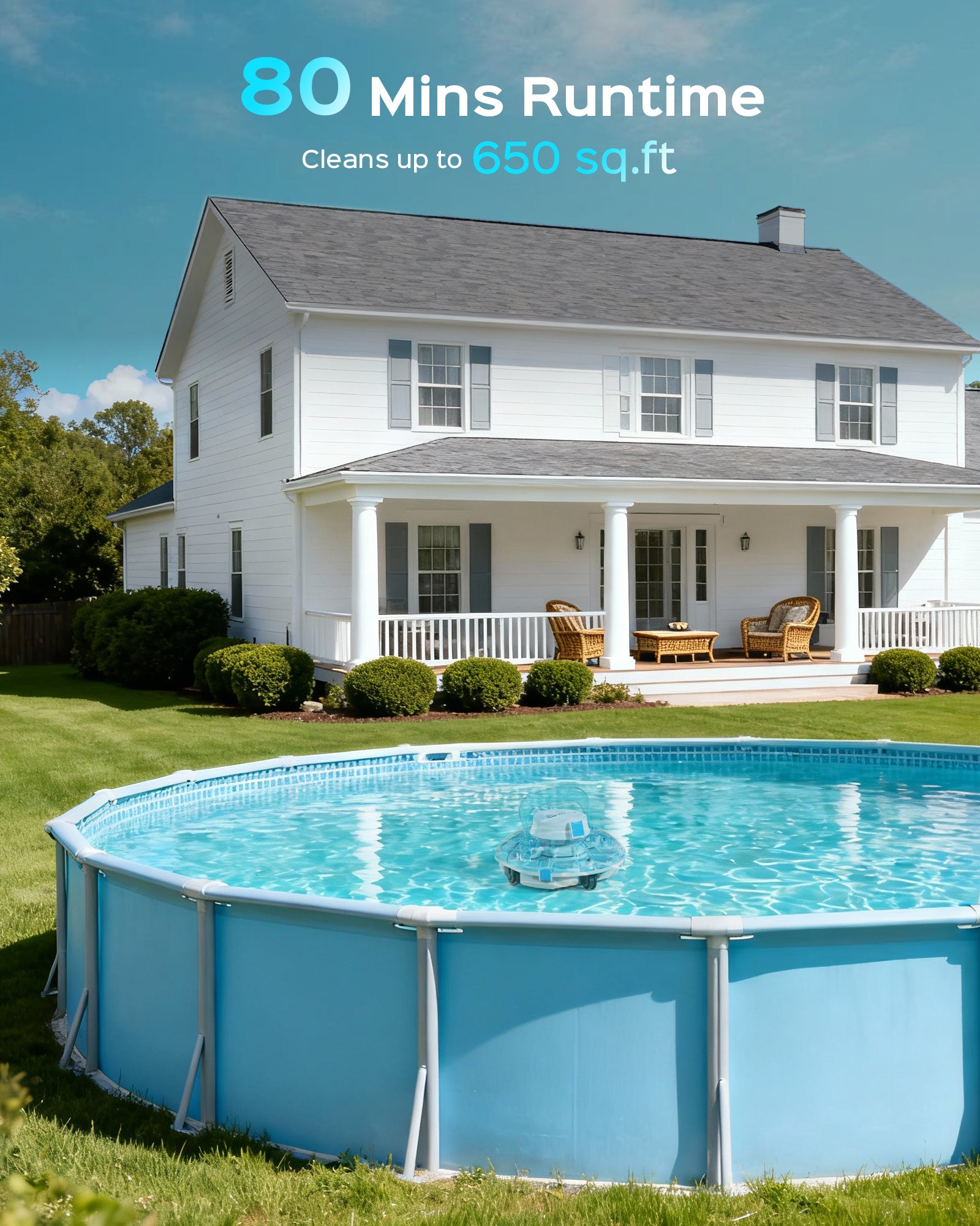 Cordless Robotic Pool Cleaner, Automatic Pool Vacuum for Above Ground with 80 Mins, Double Filters, Portable, Self-Parking, Ideal for Pools up to 650 sq.ft (Sky Blue)