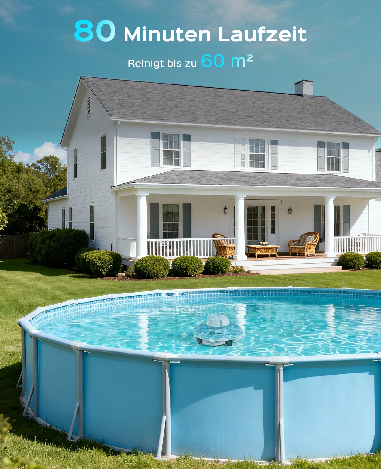 WINNY POOL CLEANER Winny 200P Poolroboter, Poolsauger kabellos mit Akku, 80 Min. Laufzeit, für Aufstellpools bis 60 m², Doppelfiltration, Automatisches Parken, Kompakt Leicht (Transparentes Blau-Weiß)