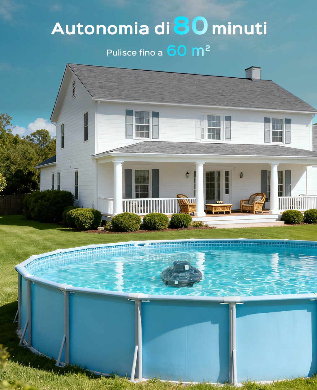 WINNY POOL CLEANER Winny 200 Robot Piscina, Piscina Senza Fili con Batteria, Autonomia 80 Min per Piscine Fuori Terra 60 m², Doppia Filtrazione, Parcheggio Automatico (Nero inchiostro-Bianco）