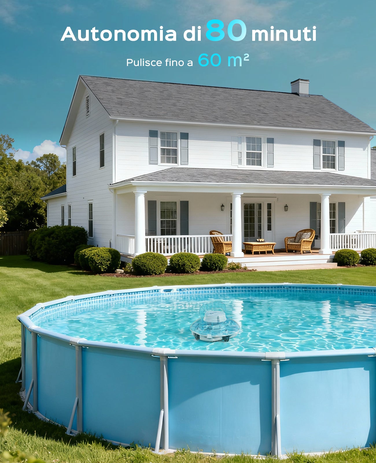 WINNY POOL CLEANER Winny 200P Robot Piscina, Piscina Senza Fili con Batteria, Autonomia 80 Min per Piscine Fuori Terra 60 m², Doppia Filtrazione, Parcheggio Automatico (Trasparente Blu-Bianco)