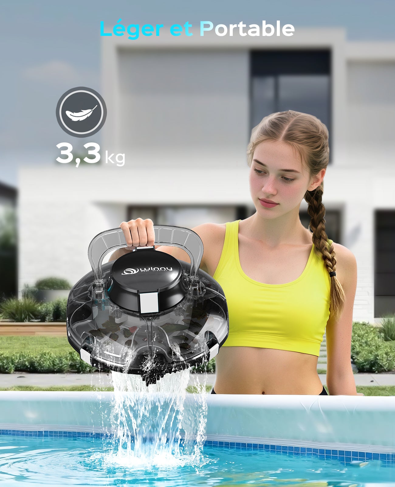 WINNY POOL CLEANER Winny 200 Robot Piscine, Aspirateur Piscine Sans Fil Avec Batterie, Autonomie 80 Min pour Piscines Hors-Sol 60m², Double Filtration,Stationnement Automatique(Noir encre-Blanc）