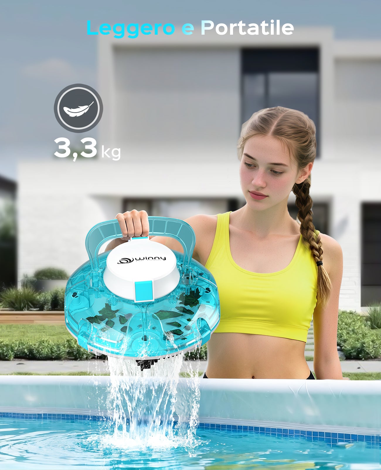 WINNY POOL CLEANER Winny 200 Robot Piscina, Piscina Senza Fili con Batteria, Autonomia 75 Min per Piscine Fuori Terra 60 m², Doppia Filtrazione, Parcheggio Automatico (Trasparente Blu)