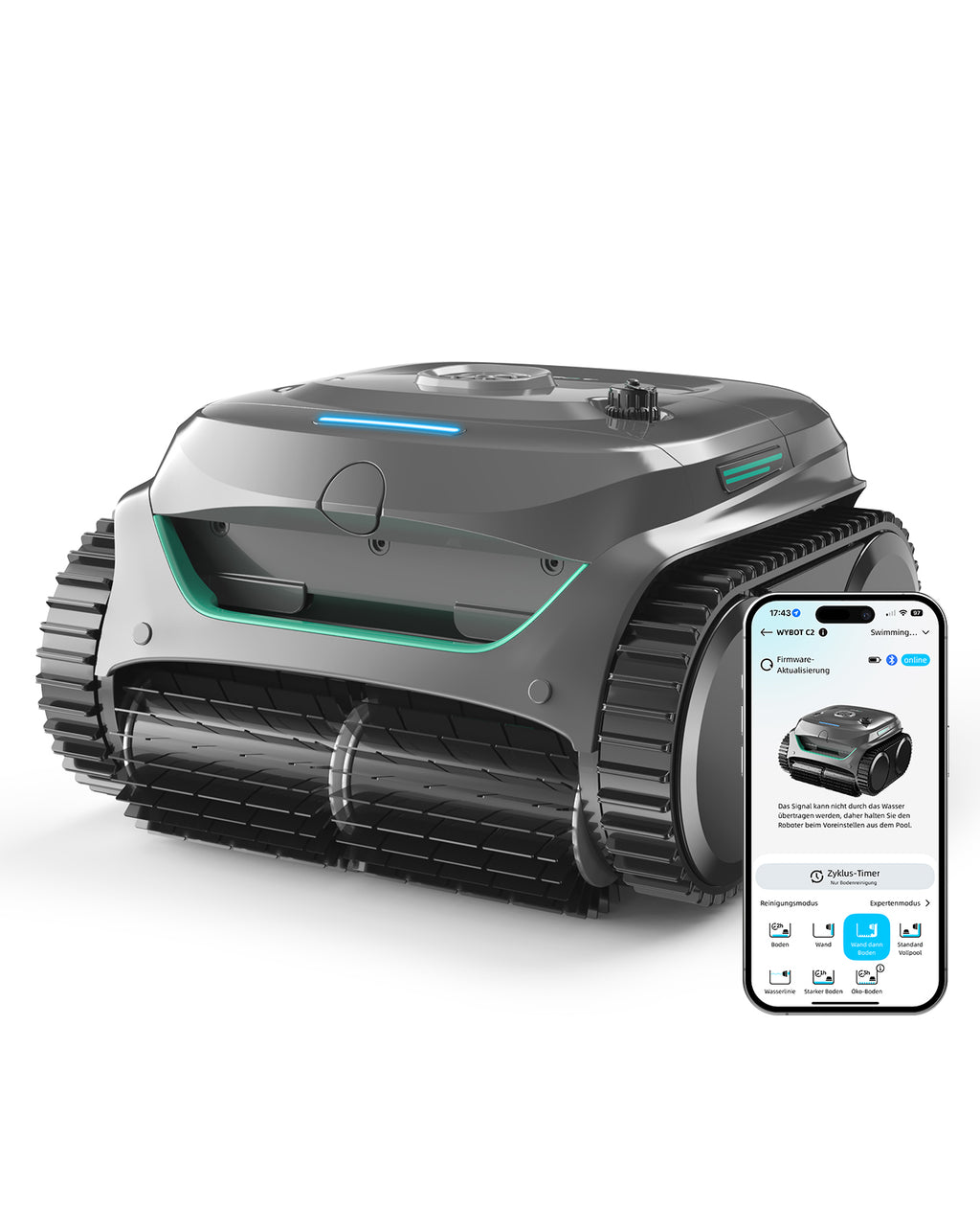 WYBOT C2 Poolroboter Akku Boden und Wand für Einbaupools bis 150㎡, Doppelfiltration, 3-Fach Motor, Starke Saugkraft, Wandkletter & Wasserlinie, 180 Min, App(Grau-Grün Grau)