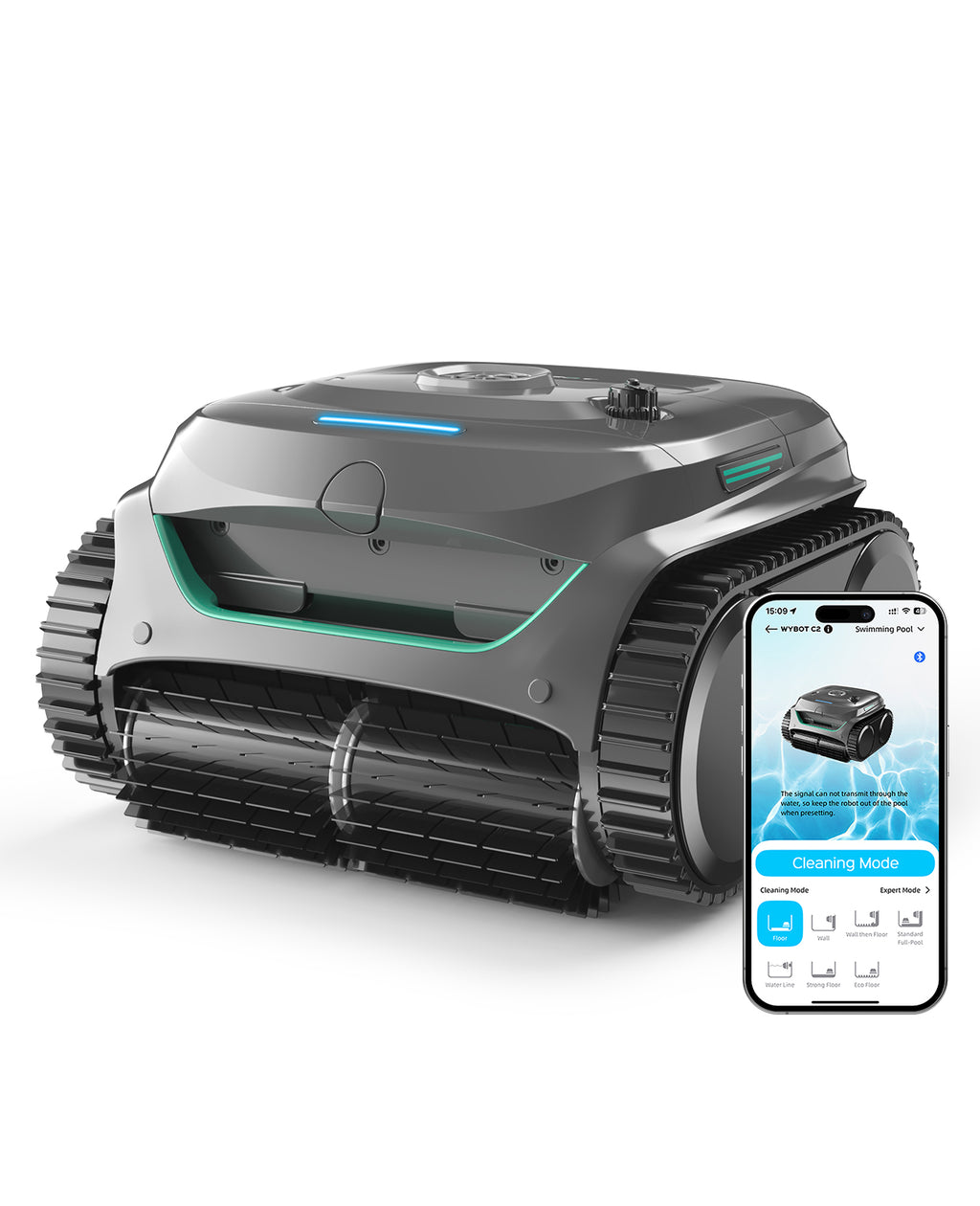 WYBOT C2 Robot Piscine Pareti e Fondo, Senza Fili per Piscine Interrate 150㎡, Doppia Filtrazione, 3 Motori, Aspirazione Potente, Pulizia Pareti & Linea d'Acqua, 180 Min, App(Grigio-Verde Verde)