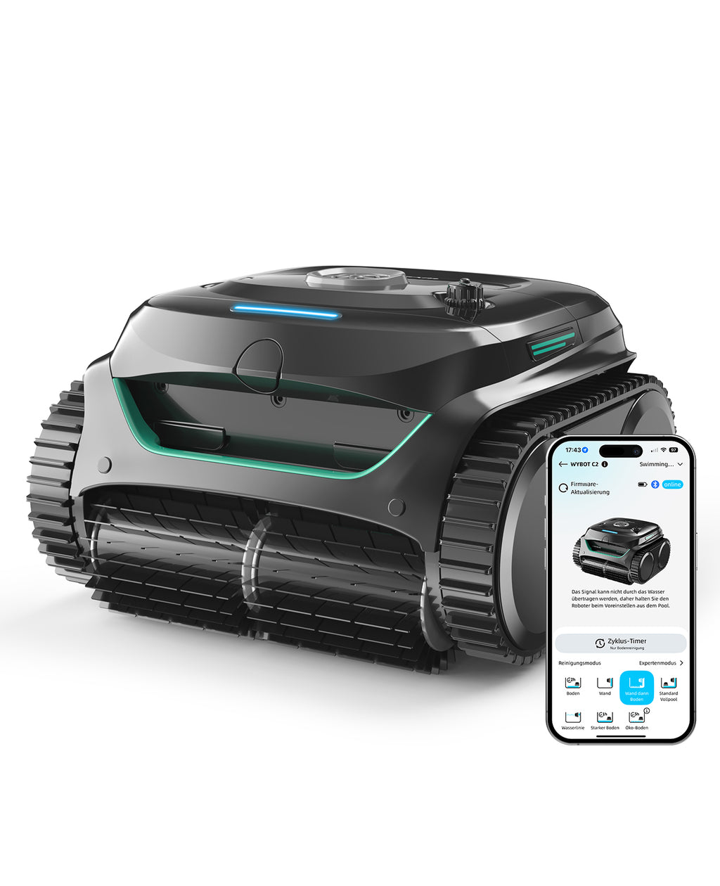 WYBOT C2 Poolroboter Akku Boden und Wand für Einbaupools bis 150㎡, Doppelfiltration, 3-Fach Motor, Starke Saugkraft, Wandkletter & Wasserlinie, 180 Min, App(Schwarz-Grün Grau)
