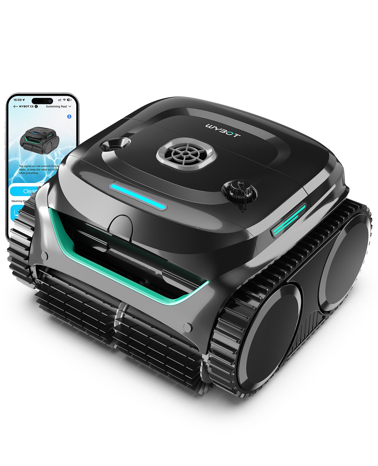 WYBOT C2 Limpiafondos Piscina Robot Inalámbrico, 3 Motores, Doble Filtración, Limpieza Paredes y Línea de Agua, Autonomía 180 Min, para Piscinas Enterradas Hasta 150㎡, App(Verde negro oscuro-Gris)