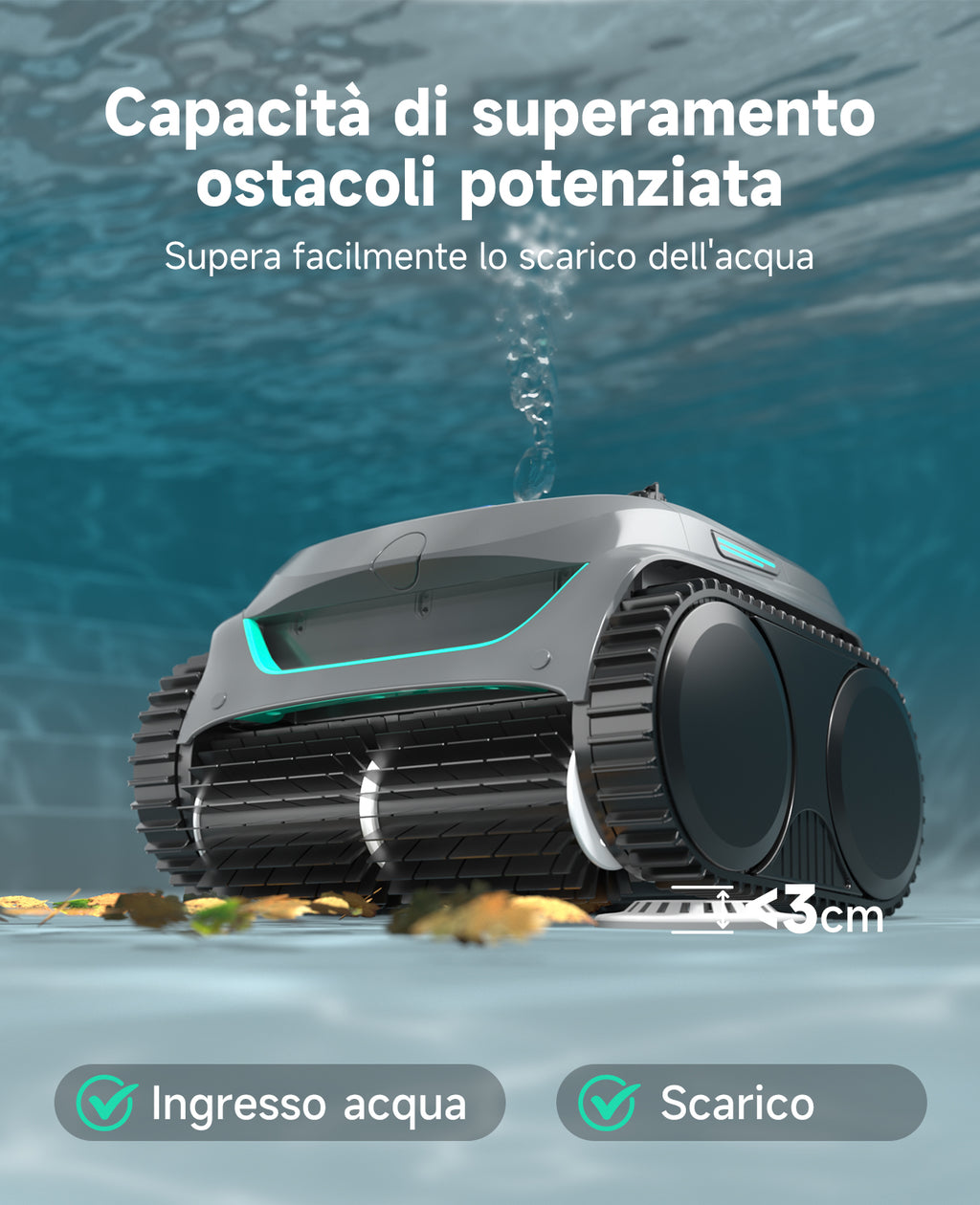 WYBOT C2 Robot Piscine Pareti e Fondo, Senza Fili per Piscine Interrate 150㎡, Doppia Filtrazione, 3 Motori, Aspirazione Potente, Pulizia Pareti & Linea d'Acqua, 180 Min, App(Verde nebbia-Grigio)