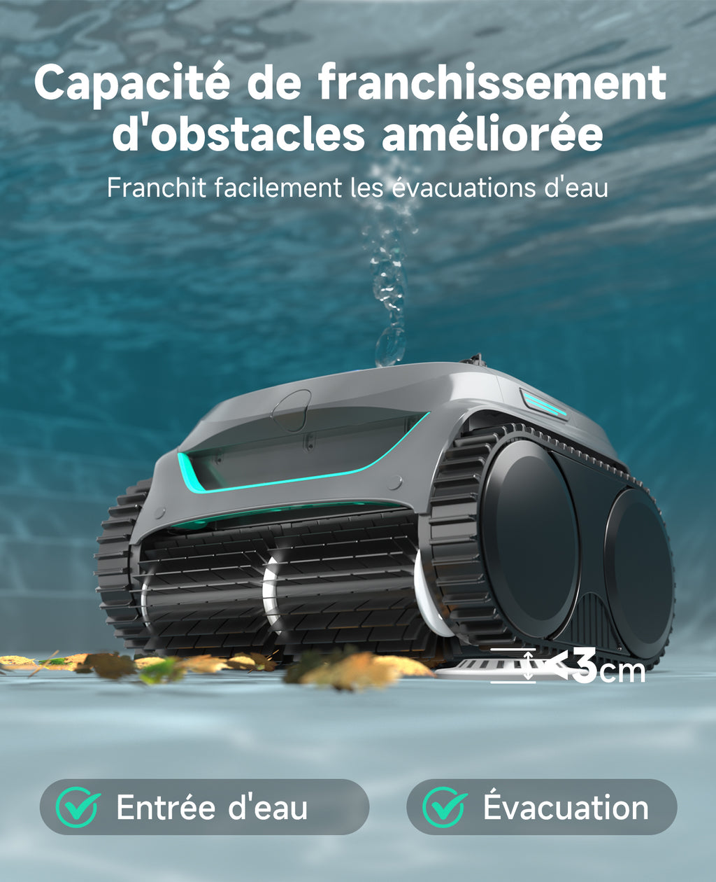 WYBOT C2 Robot Piscine Sans Fil, Double Filtration, 3 Moteurs, Aspiration Puissante, Nettoyage Fond et Parois & Ligne d'Eau, 180 Min, pour Piscines Enterrées 150㎡, App(Vert gris foncé-Gris)