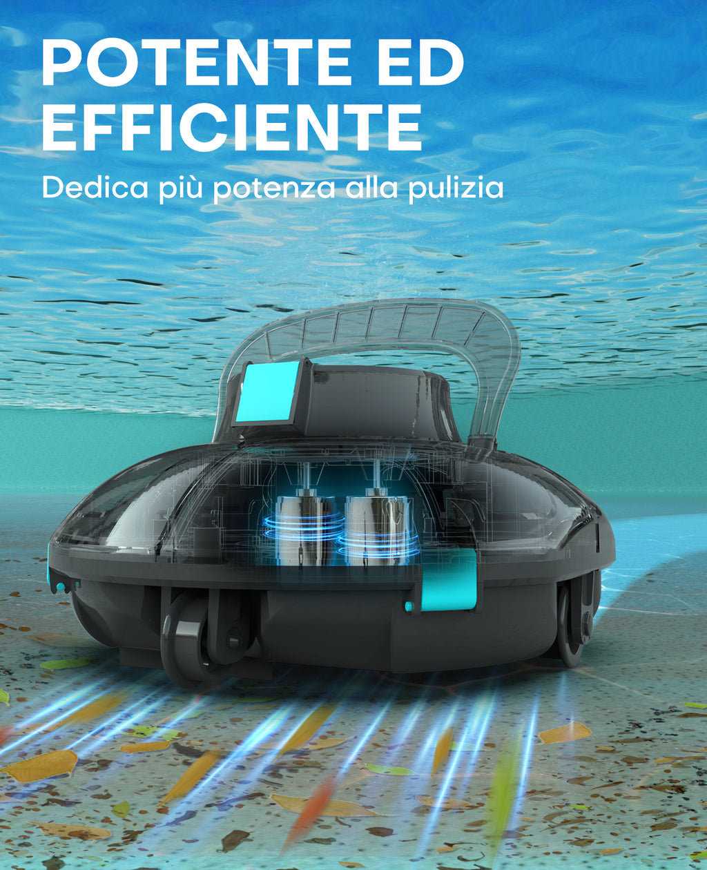 WINNY POOL CLEANER Winny 200 Robot Piscina, Piscina Senza Fili con Batteria, Autonomia 75 Min per Piscine Fuori Terra 60 m², Doppia Filtrazione, Parcheggio Automatico (Trasparente Nero-Blu)