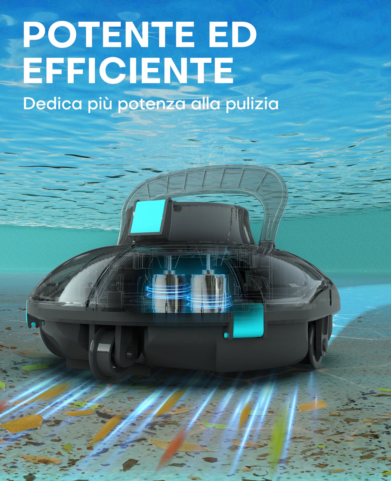 WINNY POOL CLEANER Winny 200 Robot Piscina, Piscina Senza Fili con Batteria, Autonomia 75 Min per Piscine Fuori Terra 60 m², Doppia Filtrazione, Parcheggio Automatico (Trasparente Nero-Blu)