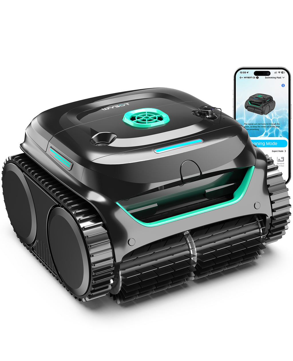 WYBOT C2 Poolroboter Akku Boden und Wand für Einbaupools bis 150㎡, Doppelfiltration, 3-Fach Motor, Starke Saugkraft, Wandkletter & Wasserlinie, 180 Min, App(Schwarz-Grün Grün)