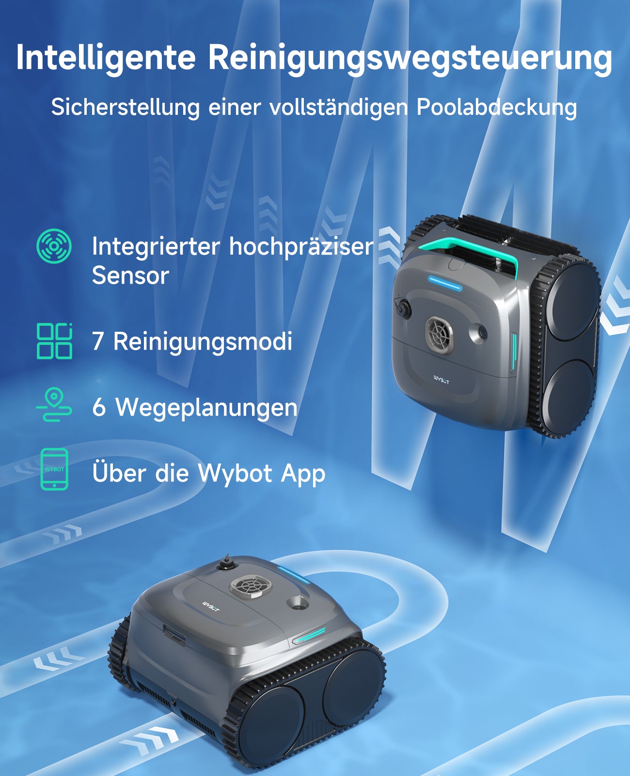WYBOT C2 Limpiafondos Piscina, Robot Limpiafondos Piscina Inalámbrico 150㎡, Doble Filtración, 3 Motores, Succión Potente, Limpieza Paredes & Línea de Agua, 180 Min, App(Gris-Verde Gris)