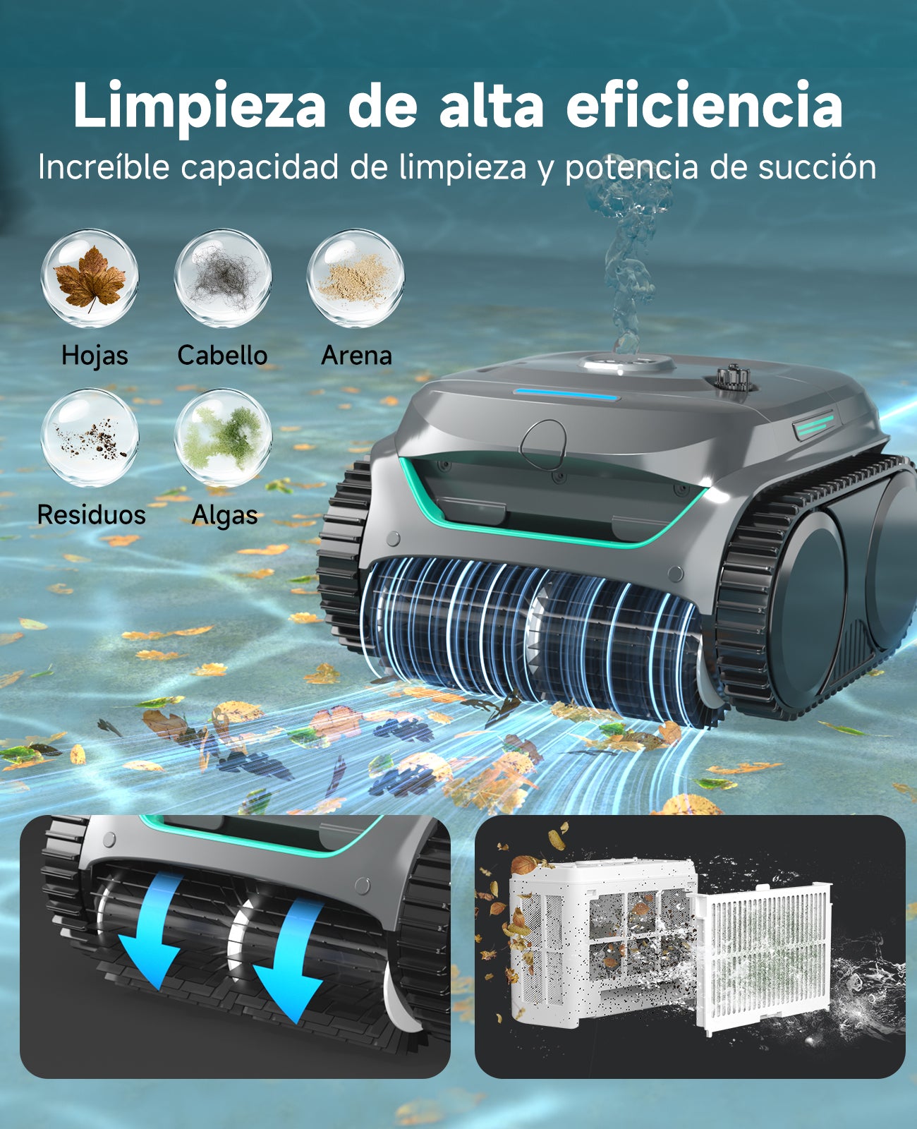 WYBOT C2 Limpiafondos Piscina Robot Inalámbrico, 3 Motores, Doble Filtración, Limpieza Paredes y Línea de Agua, Autonomía 180 Min, para Piscinas Enterradas Hasta 150㎡, App(Verde gris oscuro-Gris)