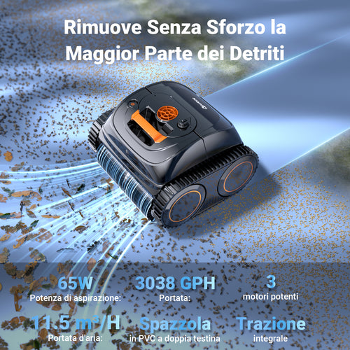 Winny C1 Robot Piscina e Robot Piscina Fuori Terra-Senza Fili, 150 min di Autonomia, Pulisce Fondo e Pareti, Navigazione Intelligente, per Piscine Interrate e Fuori Terra, Arancia Nera