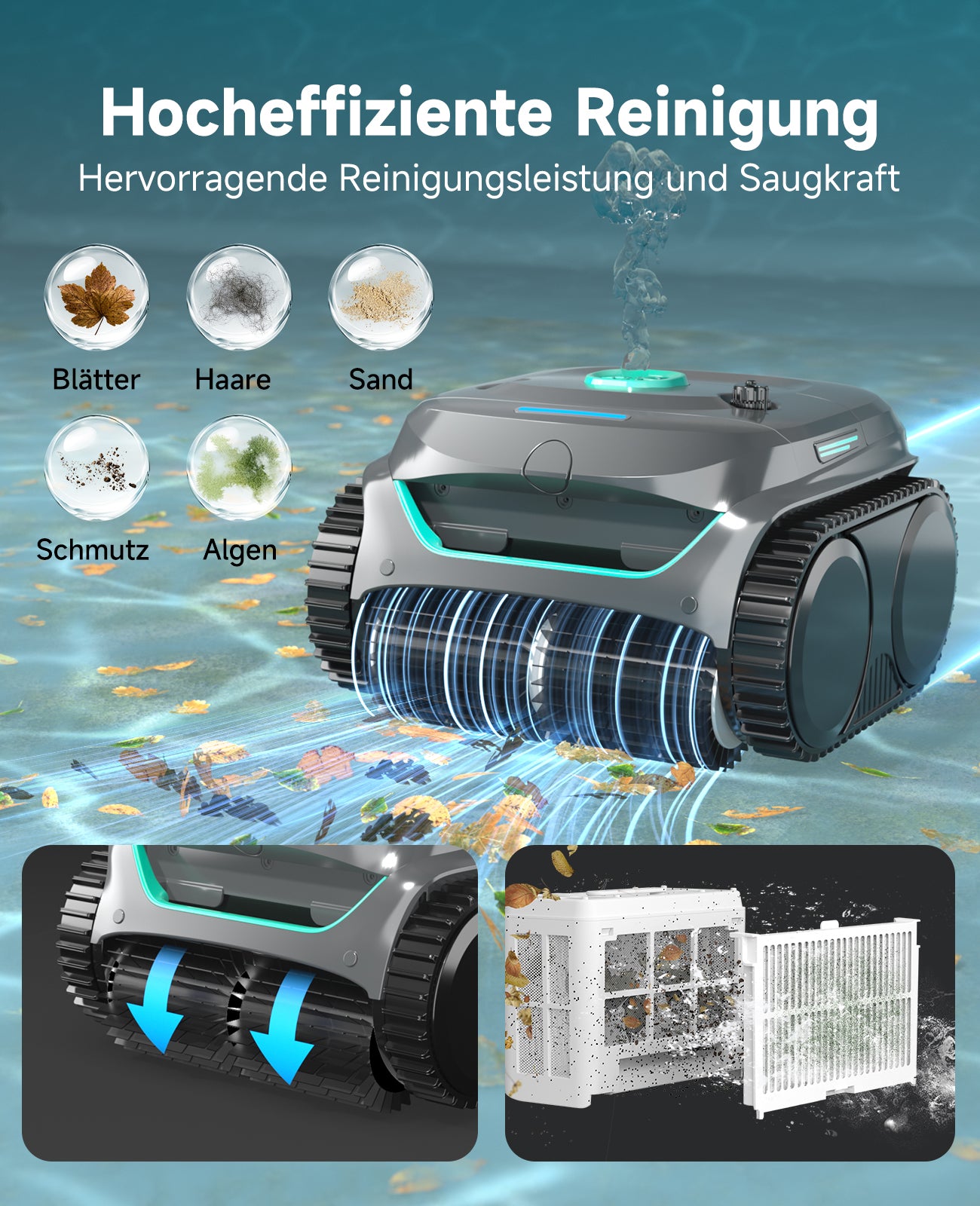 WYBOT C2 Poolroboter Akku Boden und Wand für Einbaupools bis 150㎡, Doppelfiltration, 3-fach Motor, Starke Saugkraft, Wandkletter & Wasserlinie, 180 Min, App(Dunkelgraugrün-Grün)