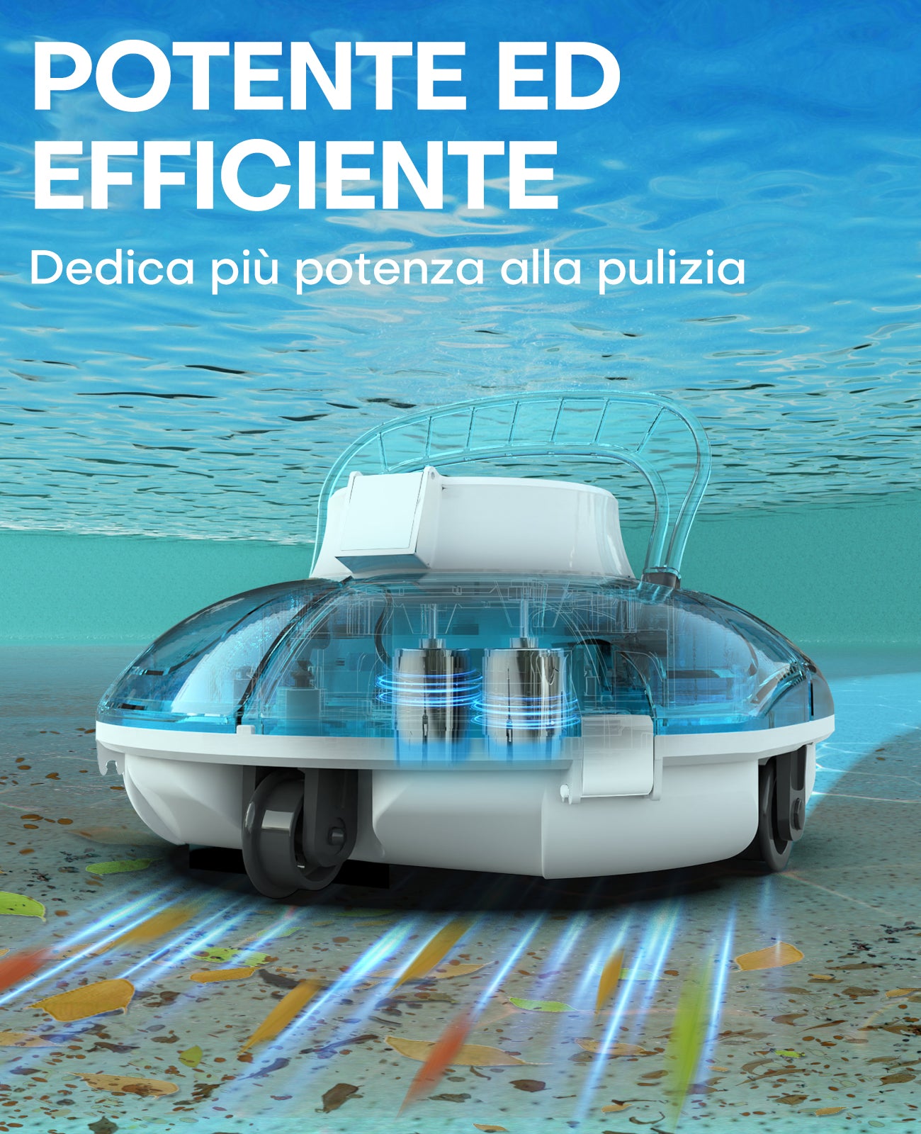 WINNY POOL CLEANER Winny 200 Robot Piscina, Piscina Senza Fili con Batteria, Autonomia 75 Min per Piscine Fuori Terra 60 m², Doppia Filtrazione, Parcheggio Automatico (Trasparente Blu-Bianco)