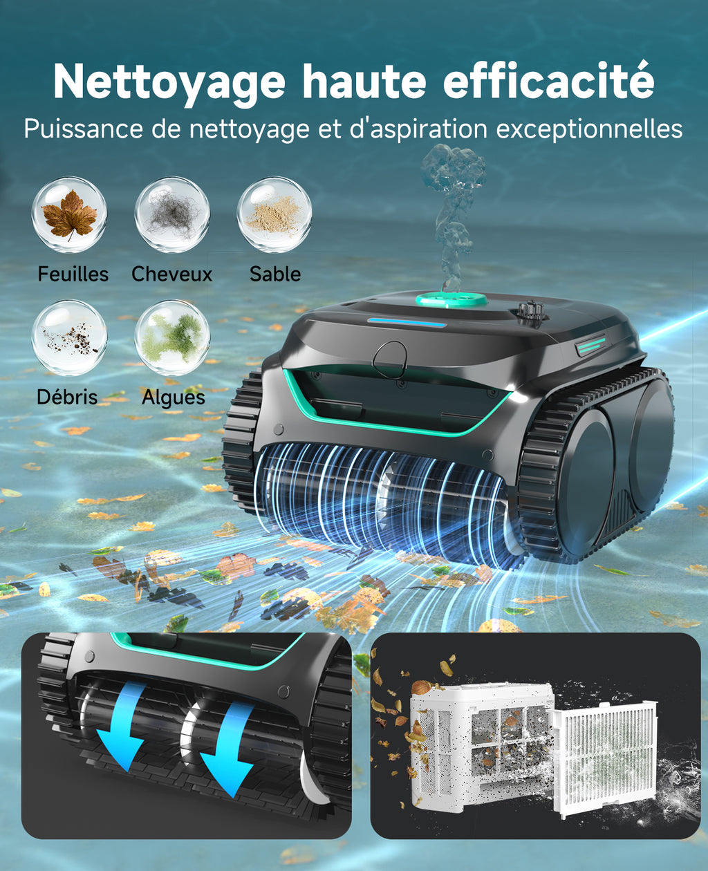 WYBOT C2 Robot Piscine Sans Fil, Double Filtration, 3 Moteurs, Aspiration Puissante, Nettoyage Fond et Parois & Ligne d'Eau, 180 Min, pour Piscines Enterrées 150㎡, App(Vert noir foncé-Vert)