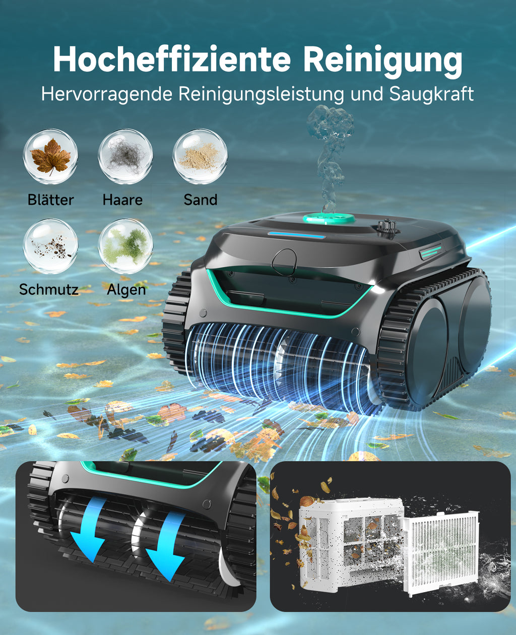WYBOT C2 Poolroboter Akku Boden und Wand, 3-Fach Motor, Doppelfiltration, Wandkletter & Wasserlinienreinigung, 180 Min Laufzeit, für Einbaupools bis 150㎡, App-Steuerung(Dunkelschwarzgrün-Grün)
