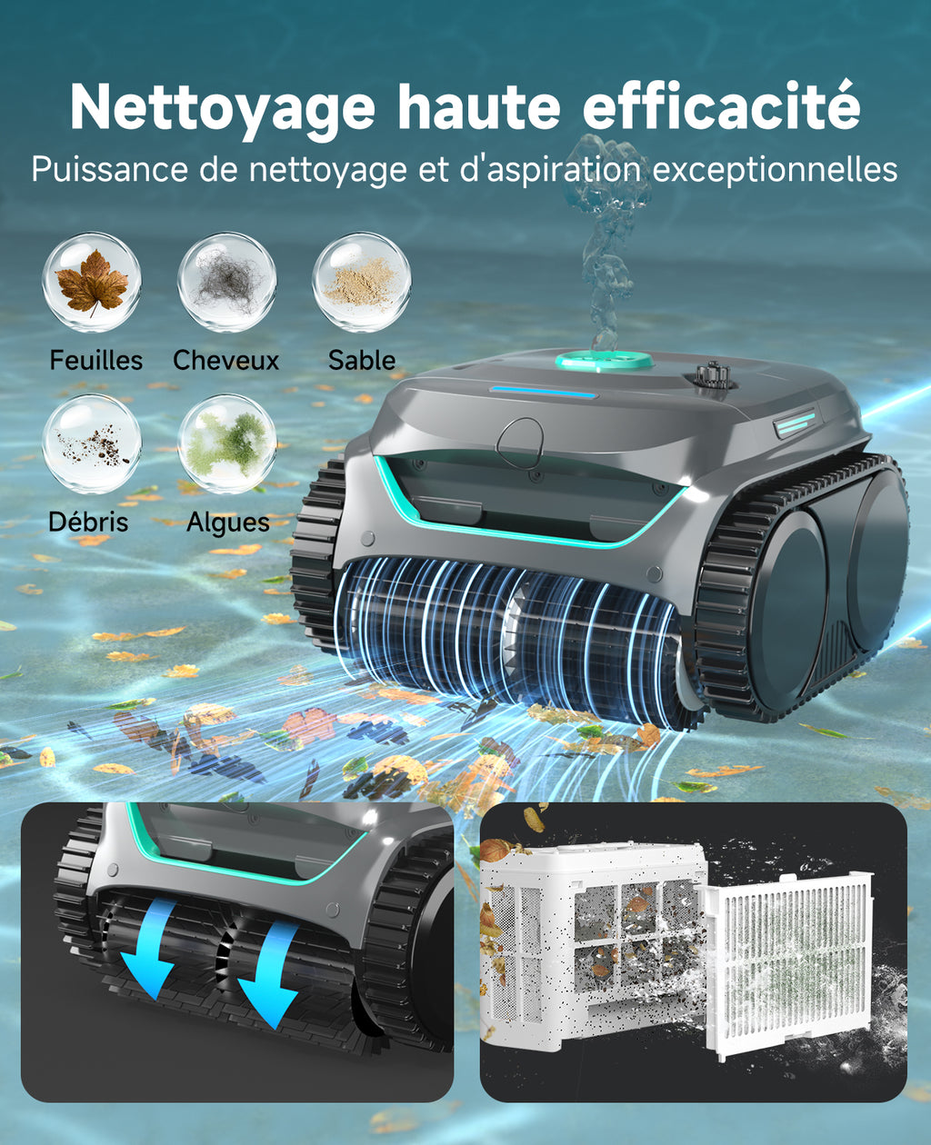 WYBOT C2 Robot Piscine Sans Fil pour Piscines Enterrées 150㎡, Double Filtration, 3 Moteurs, Aspiration Puissante, Nettoyage Parois & Ligne d'Eau, 180 Min, App(Vert gris foncé-Vert)